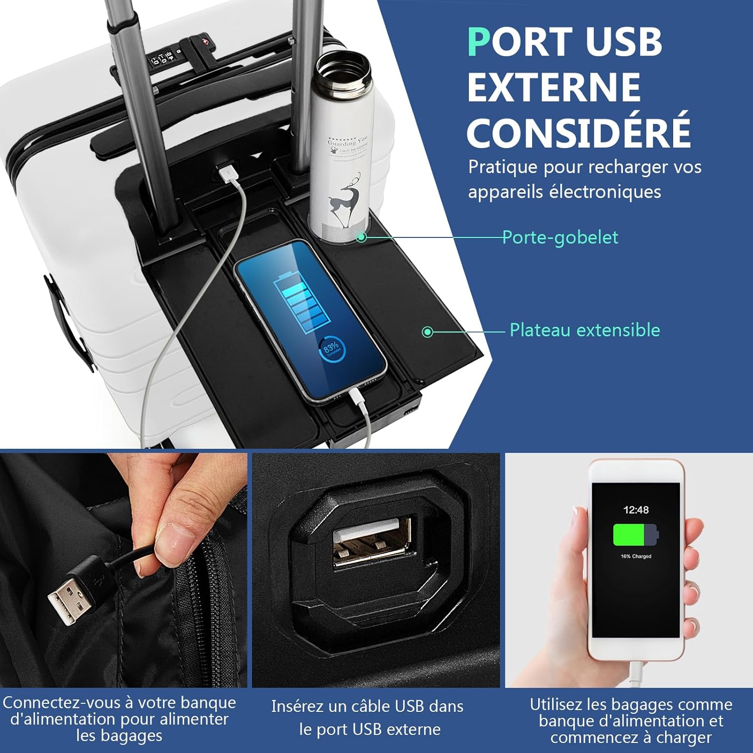Bagaż Podręczny 37 x 25,5 x 56 cm, Lekka Walizka z 4 Obrotowymi Kółkami, Przednią Kieszenią na Laptopa, Portem USB i Type-C (Biała) - 5