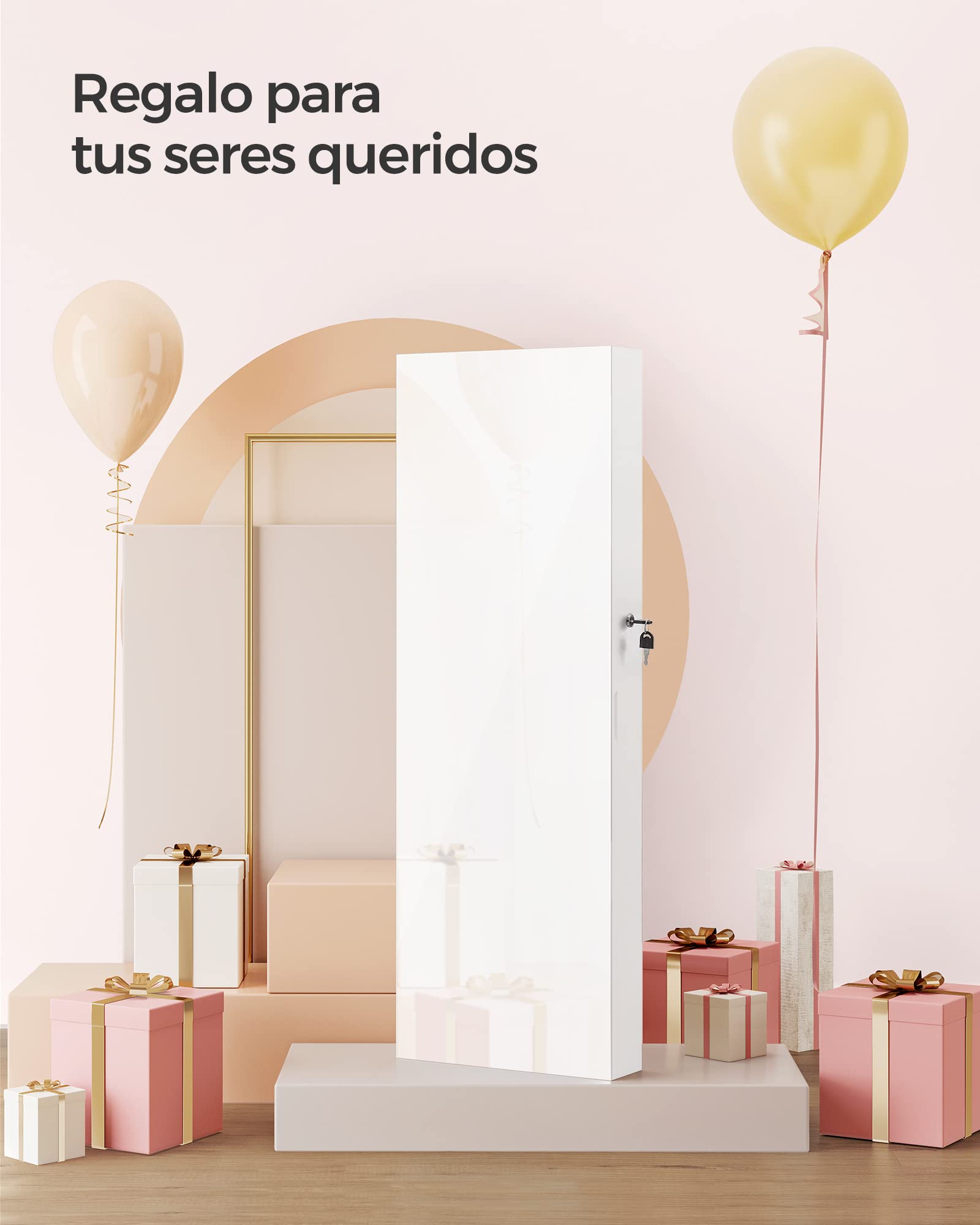 Espejo joyero de pared sin marco con cerradura, incluye 2 organizadores de cosméticos y llaves, blanco - 6
