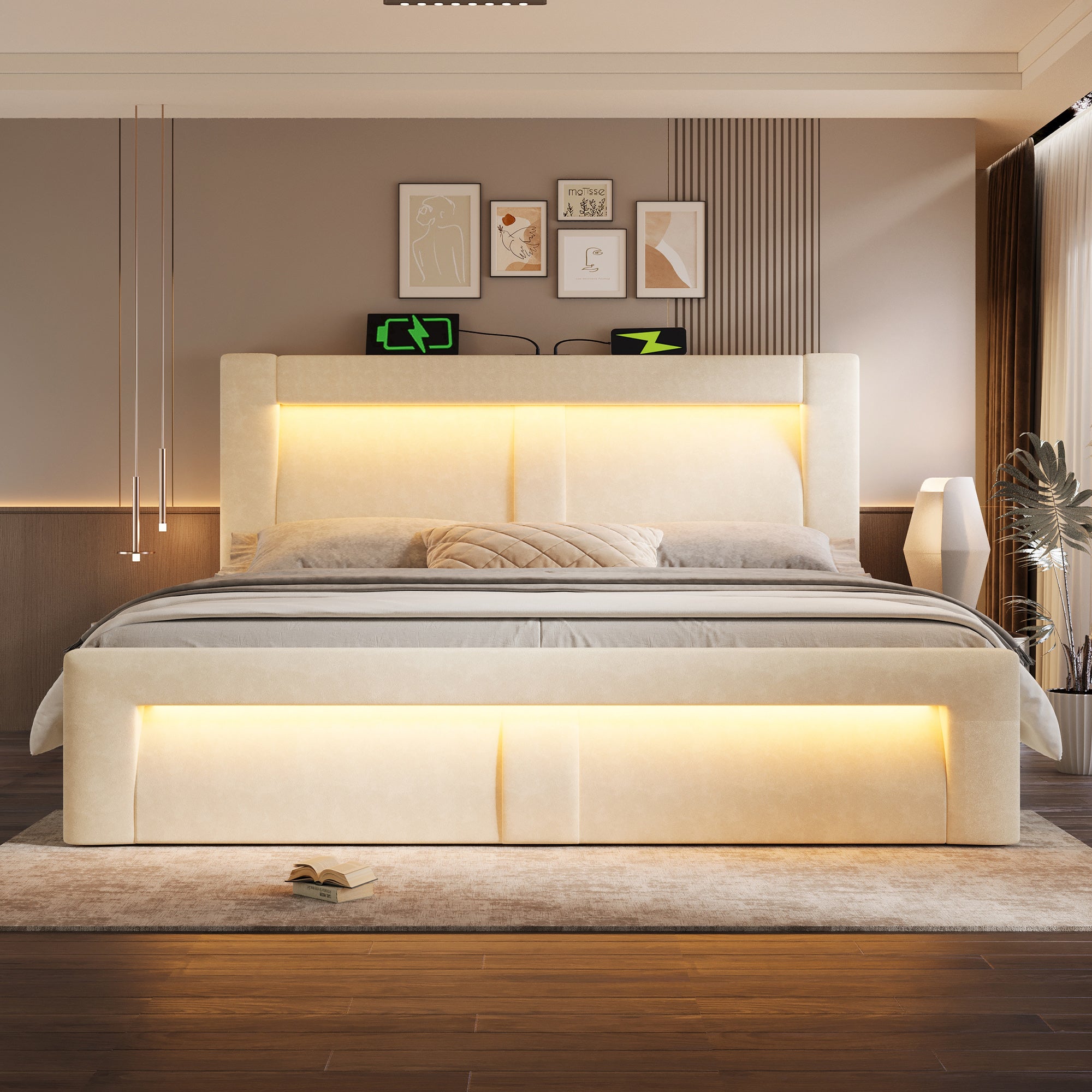 Łóżko z pojemnikiem 180 x 200 cm i zagłówkiem – aksamitne – porty USB i typu C + diody LED – dla dzieci – beżowe - 8