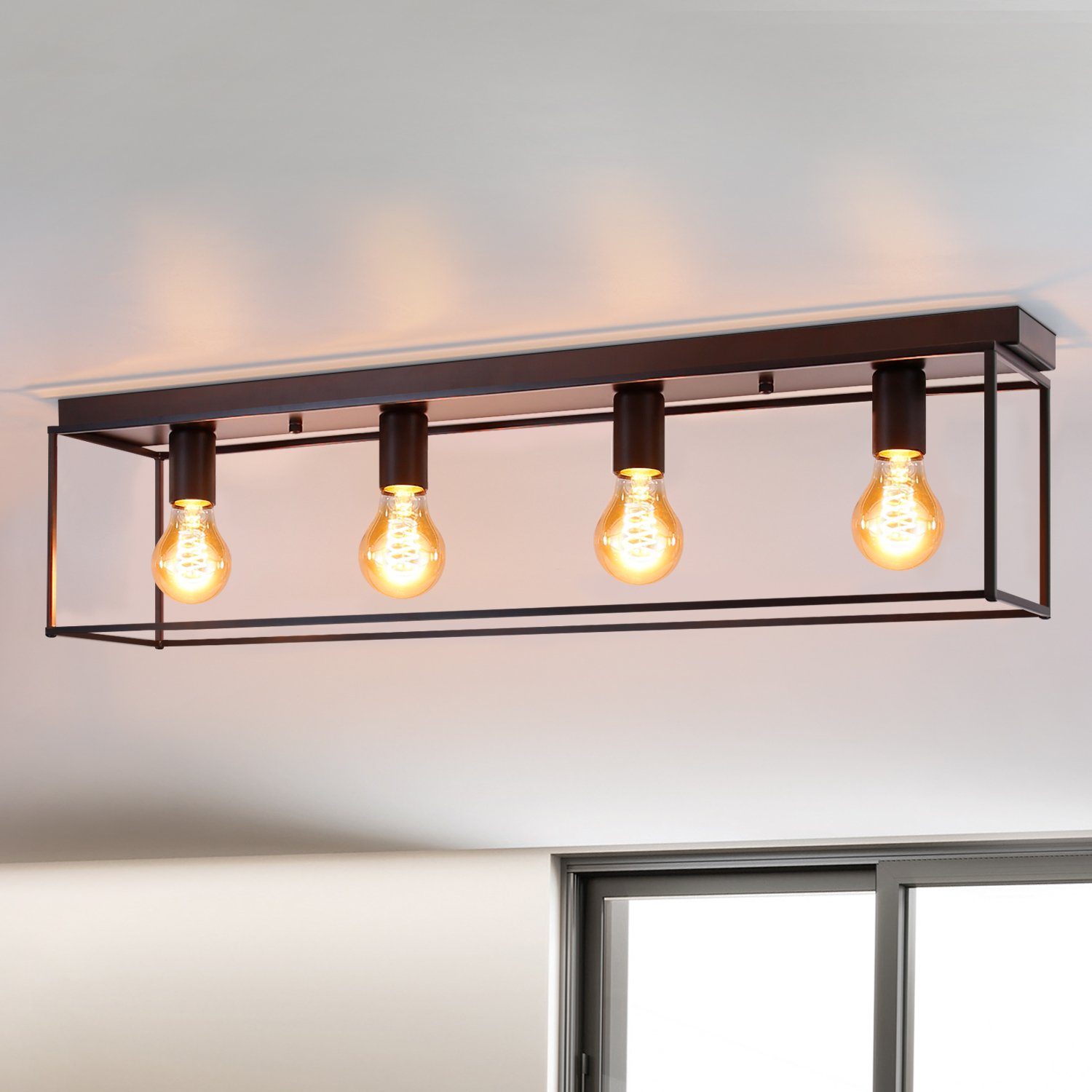 ZMH Lampa sufitowa Retro Industrial w kolorze czarnym metalicznym, 4 głowice E27 z 4 żarówkami, odpowiednia do sypialni, salonów, kuchni i przedpokoju