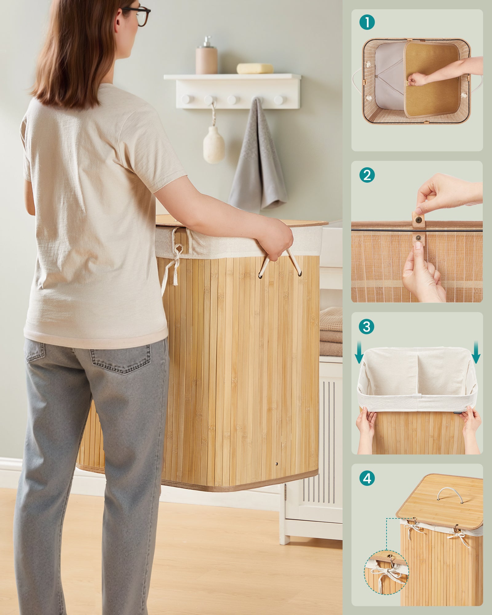 Panier à Linge avec Couvercle, 2 Compartiments, 120 L, Pliable, Sac Amovible et Lavable en Machine, avec Poignées, Naturel - 6