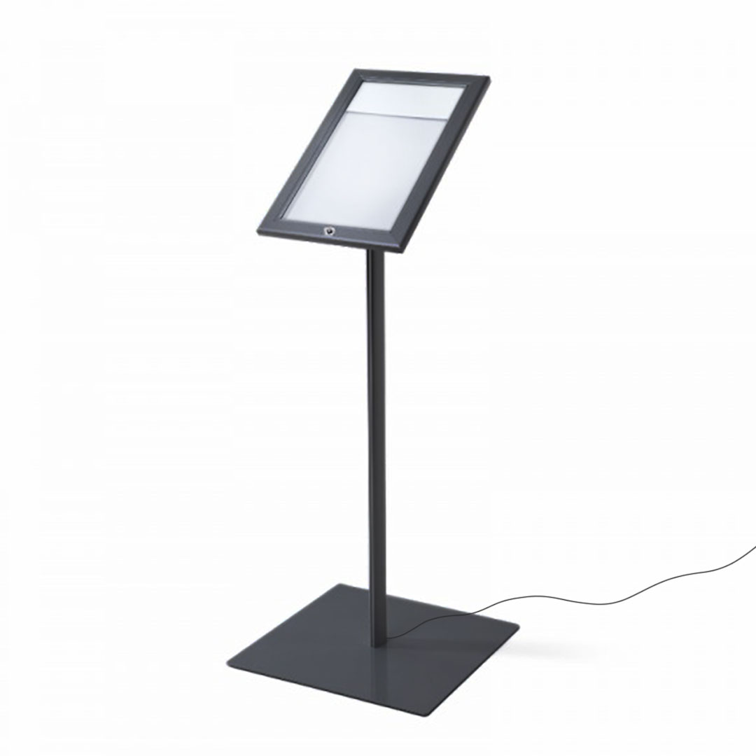 Danieli store   tablón de anuncios para exterior negro   expositor atril porta menú, puerta abatible y cerradura   tablón para suelo tamaño a4 led