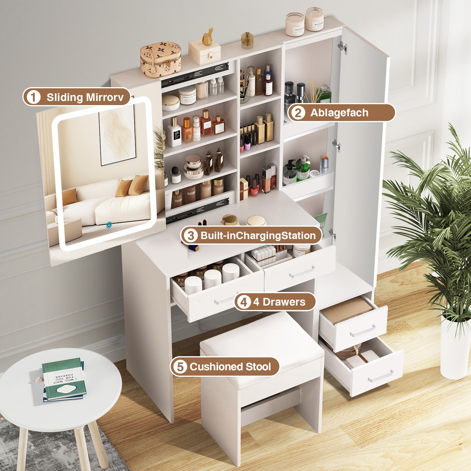 Coiffeuse avec miroir LED en MDF Blanc H. 140 x l. 100 x P. 40 cm - 4