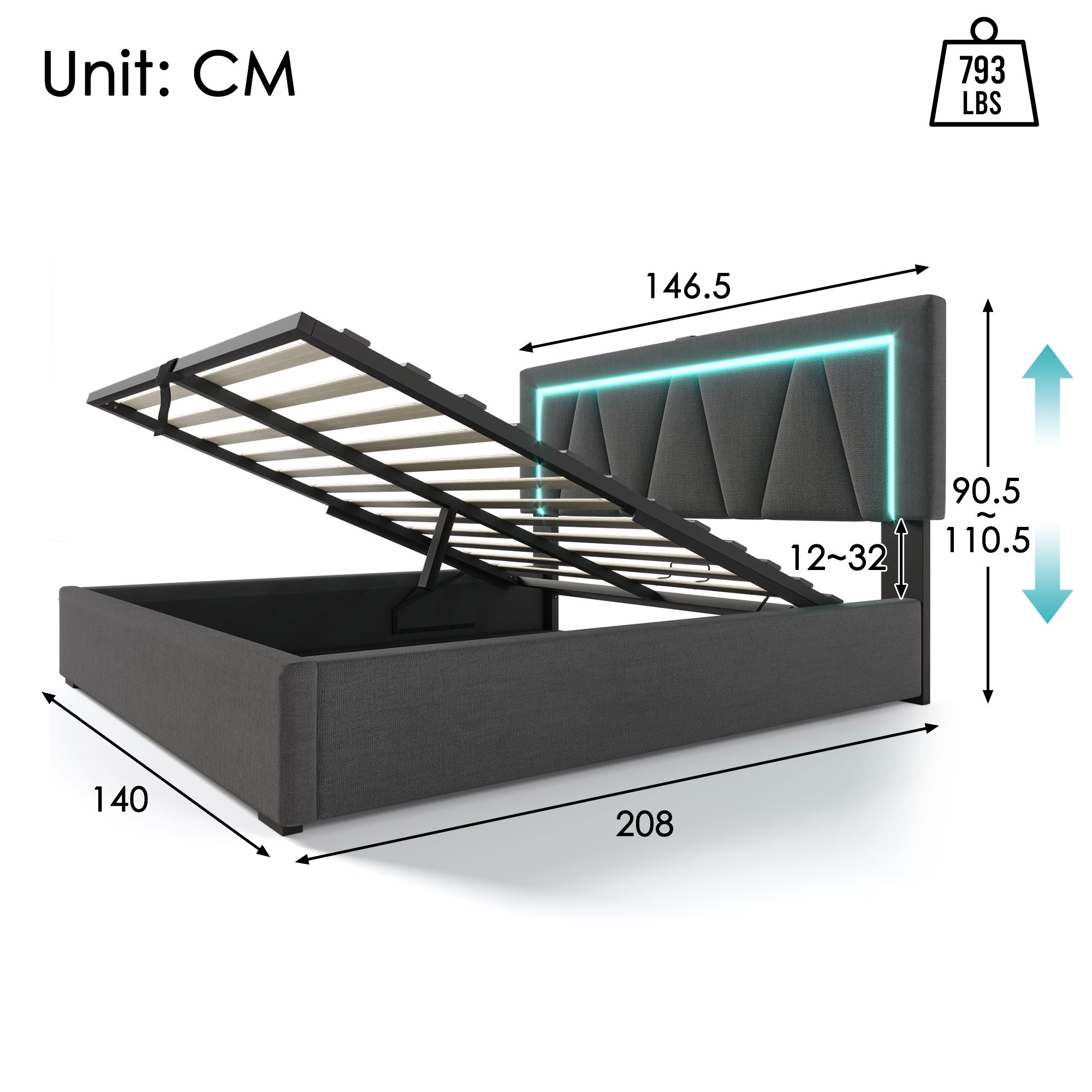 Cama contenedor 140 x 200 cm para adultos - USB + Tipo C + LED - tejido de lino - gris - 2