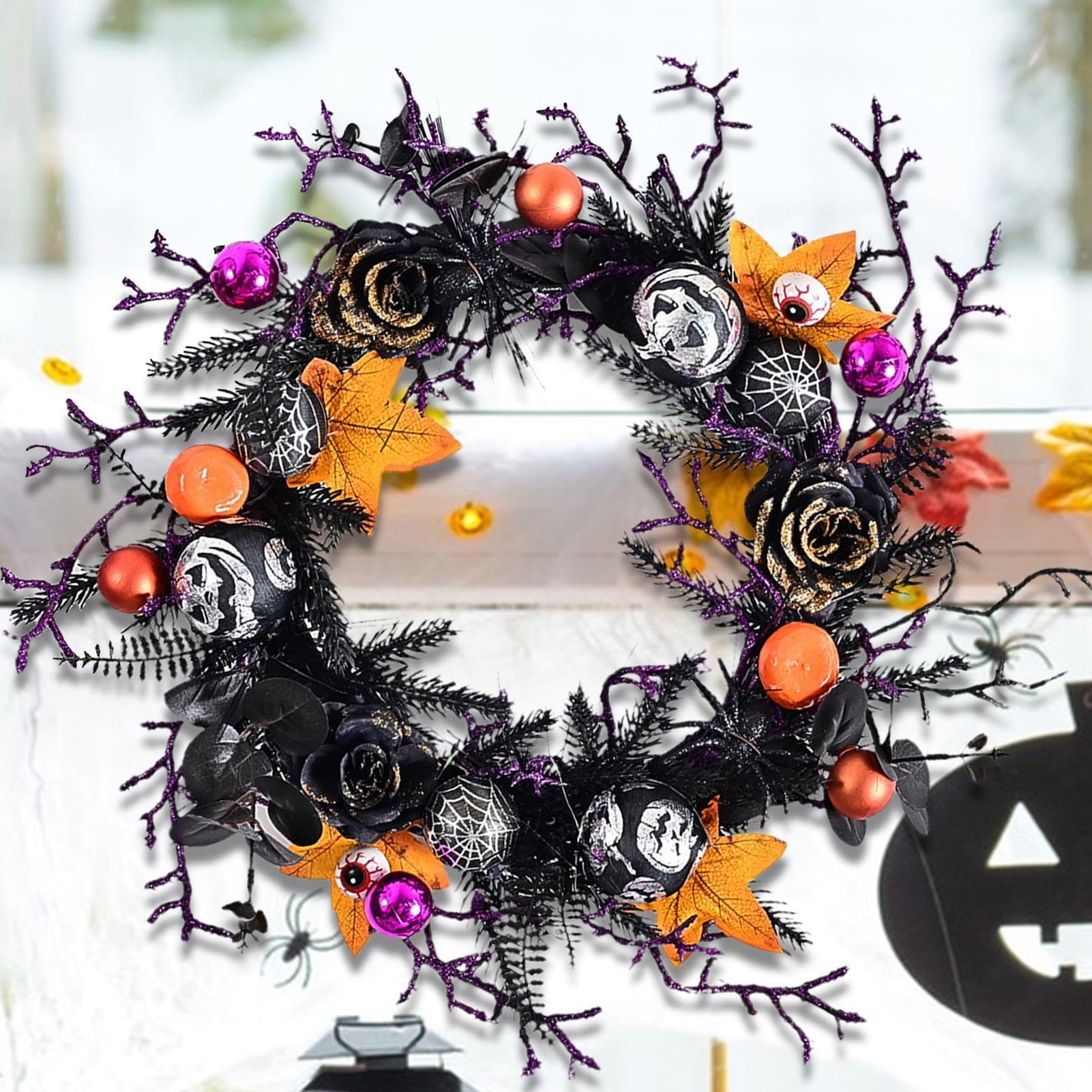 Dekoracyjny wieniec na Halloween, elementy róży z liści klonu, wisząca ozdoba na drzwi, wieniec z winorośli, 45 cm, na horrory.