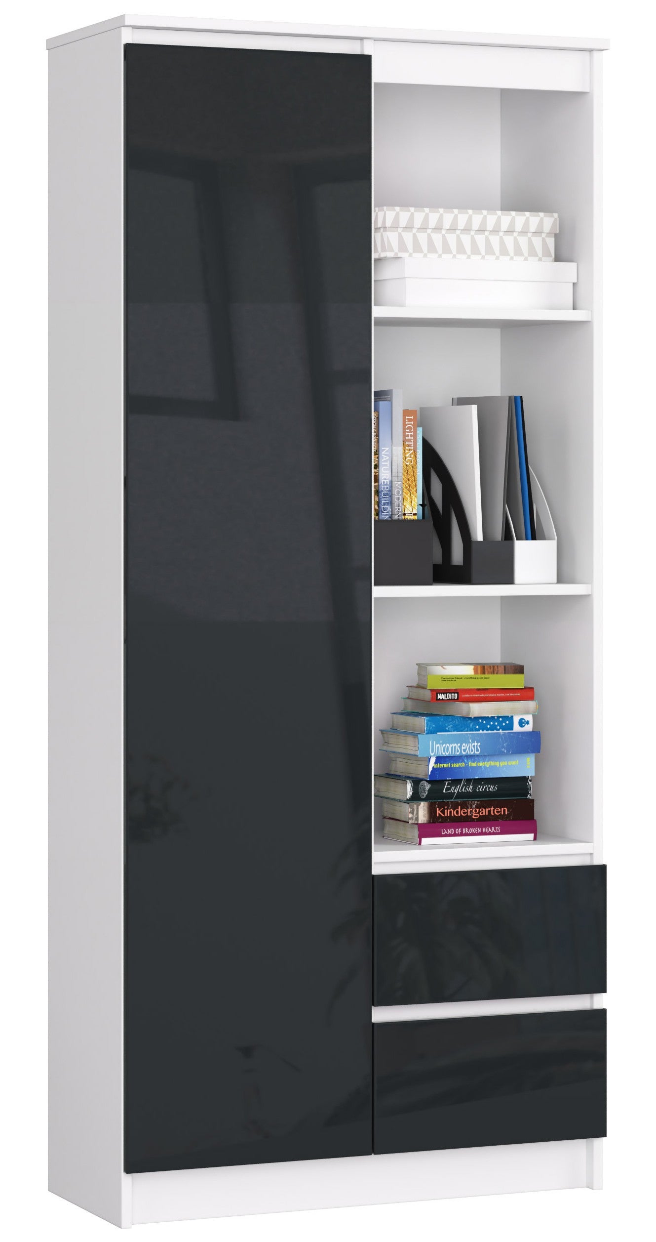 Regał AKORD R11 Biały 80 cm 1 drzwi 2 szuflady kolor Grafit Połysk 7 półek 80x35x180 cm
