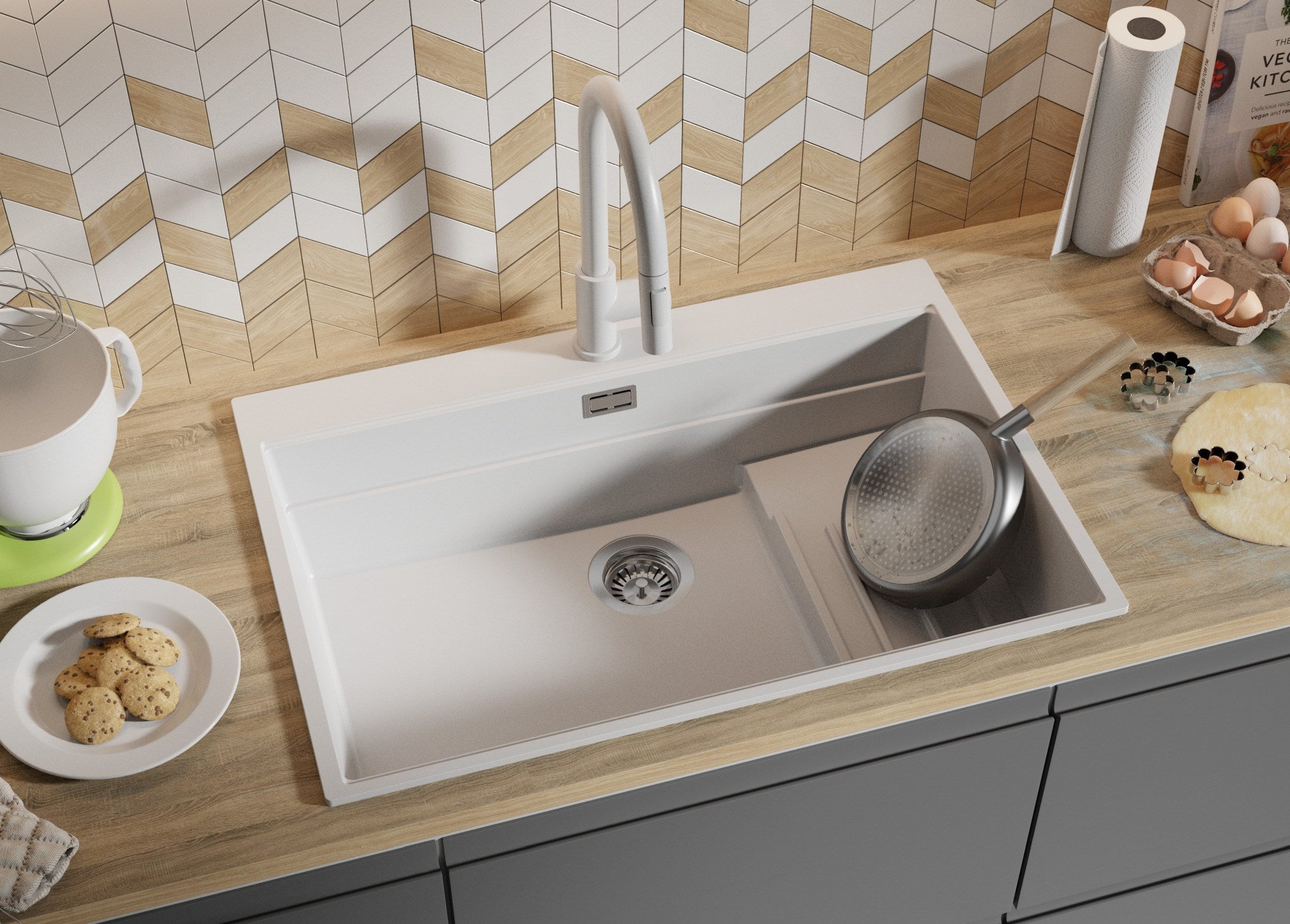 Evier Cuisine en Granit Blanc 78x53cm, Lavabo 1 bac + Kit de Vidage + Accessoires, Évier à Encastrer au meuble 80cm - Oslo Max PRIMAGRAN - 9