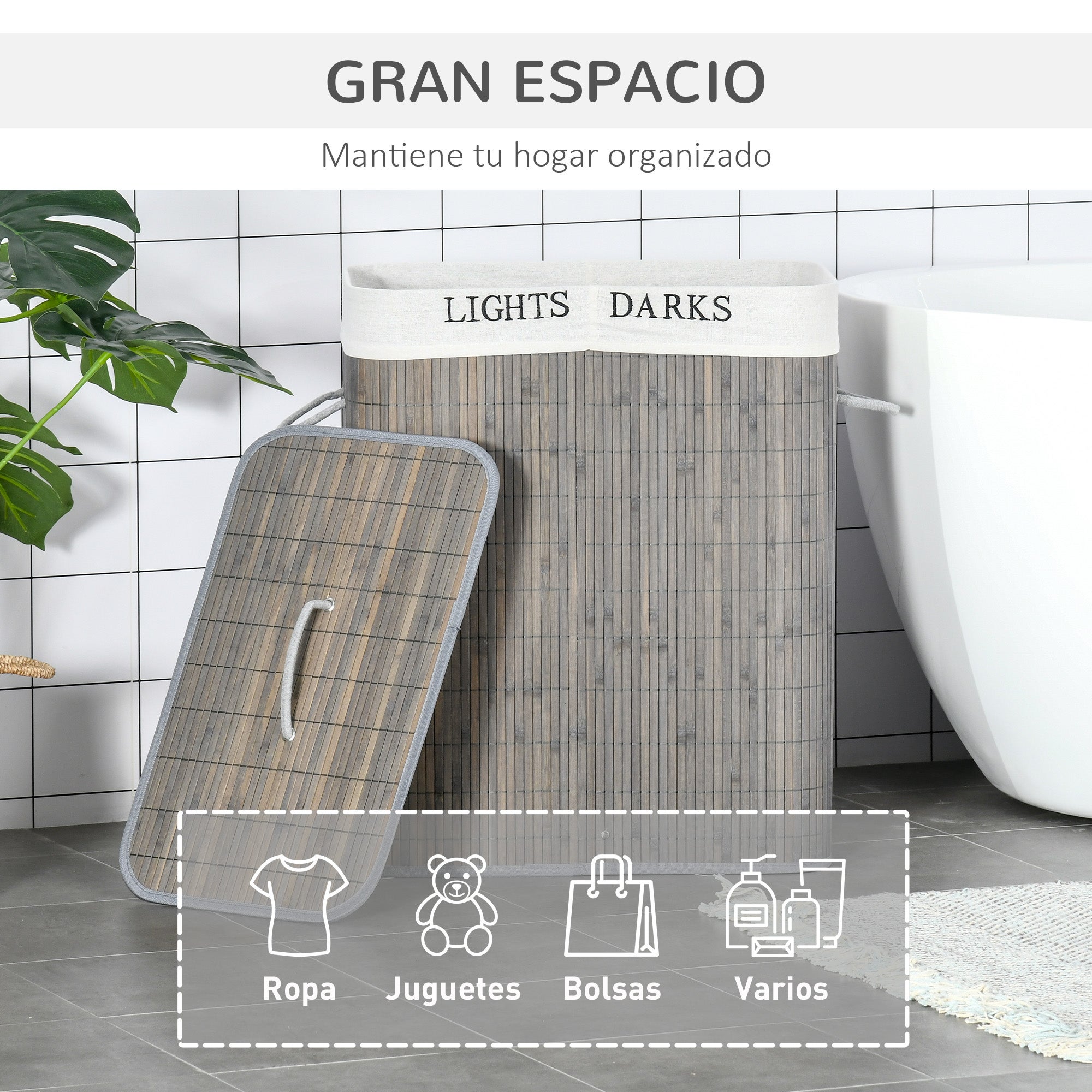 Panier linge bambou capacité 100 L, couvercle amovible, sac 2 compartiments, 52x32x63 cm, gris - 6