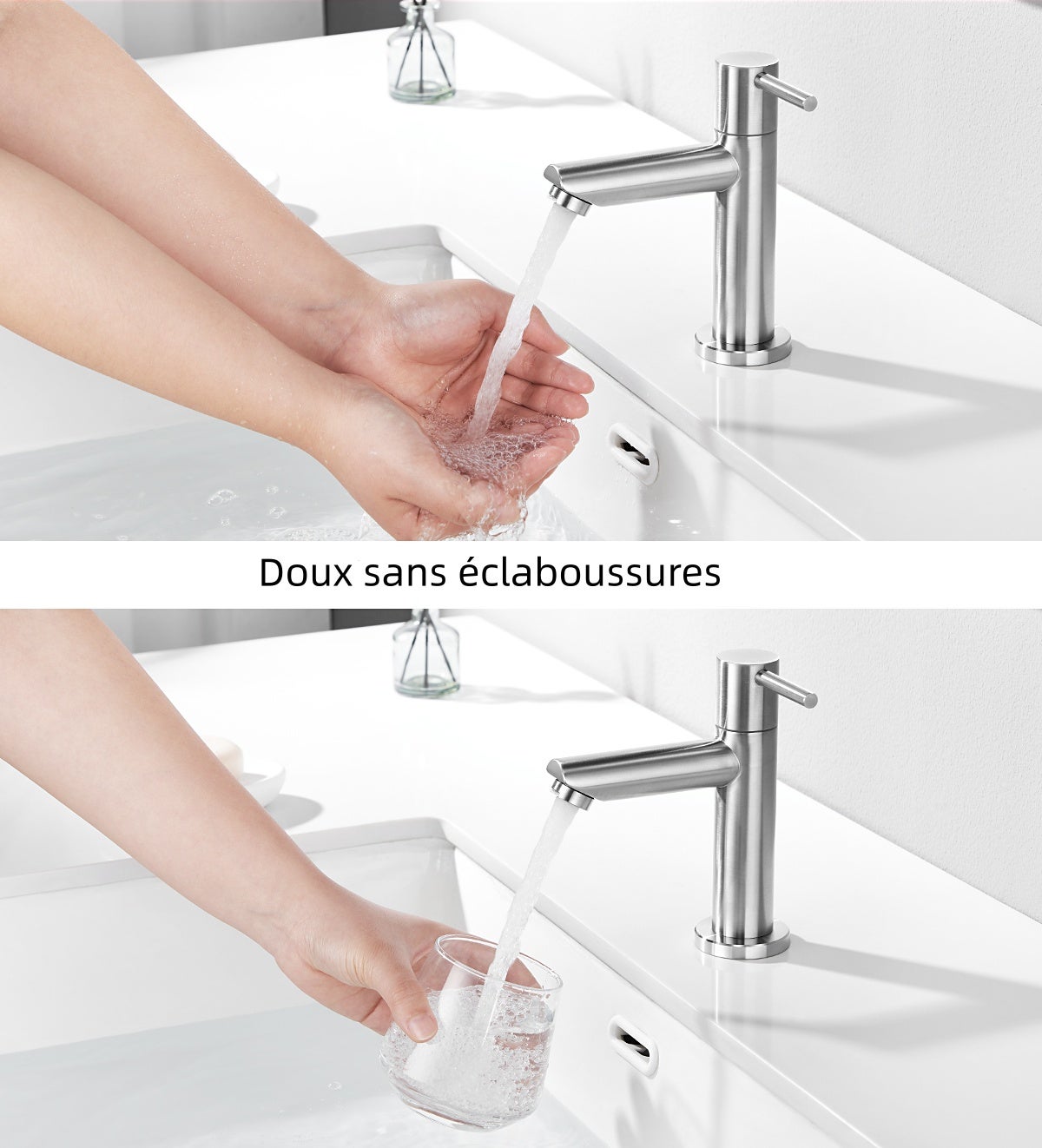 Robinet Lavabo Monotrou brossé EAU Froide+Bonde Lavabo Bonde Pop-up avec Trop-plein Automatique - 4