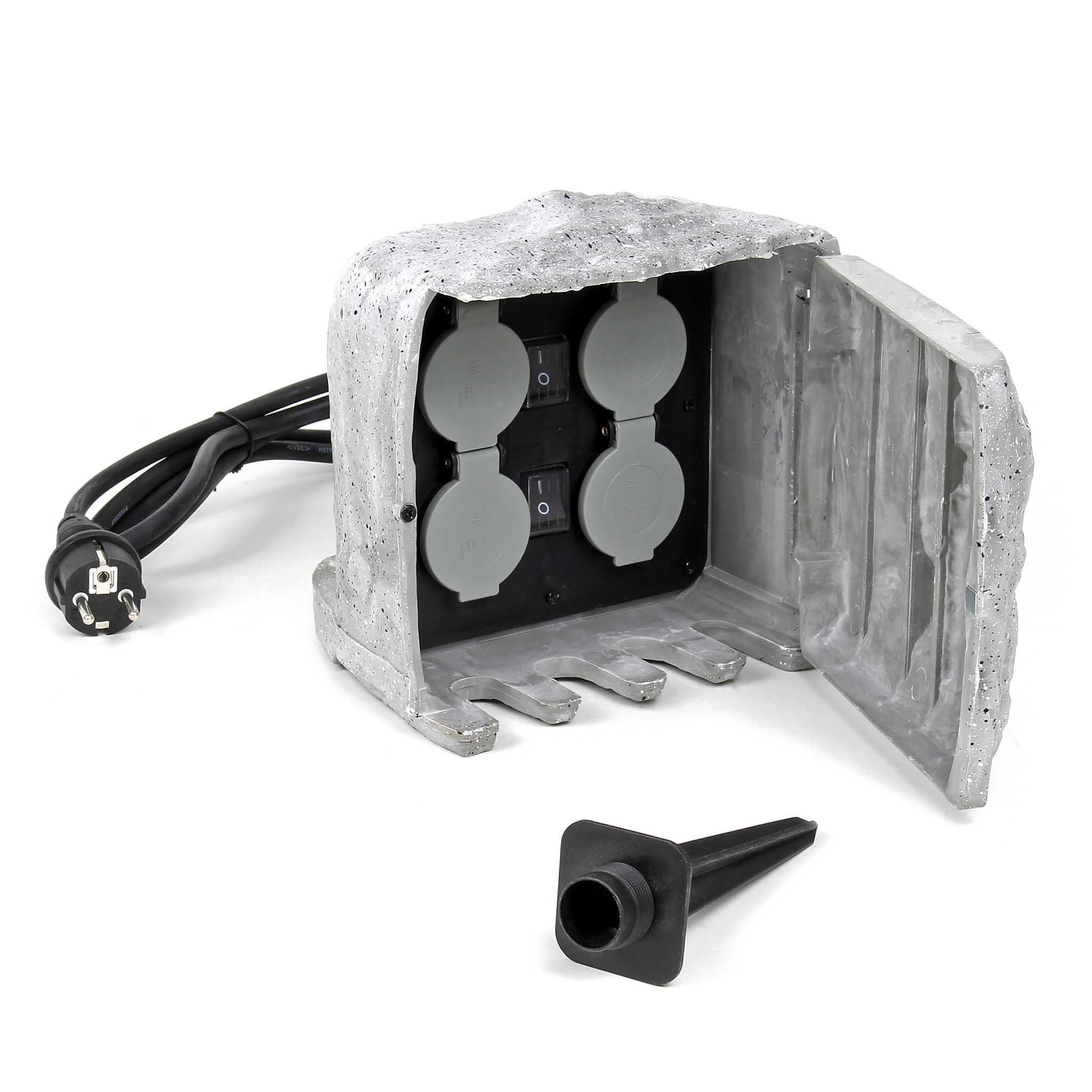 Wiltec Multiprise De Jardin Quadruple – 4 Prises – 147 X 70 X 230 Mm – Forme Carrée – En Acier Inox – Borne à Utilisation Extérieure IP44 Outdoor - Couleur Noire