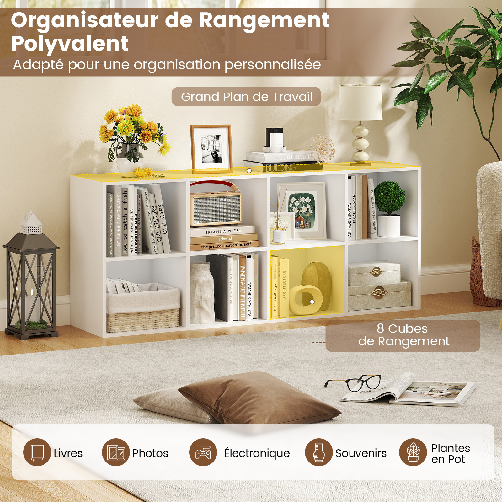 Bibliothèque d'Exposition à 2 Niveaux, Étagère de Rangement Autoportante Antibasculement, Meuble de Rangement pour Bureau & Chambre, Blanc - 3