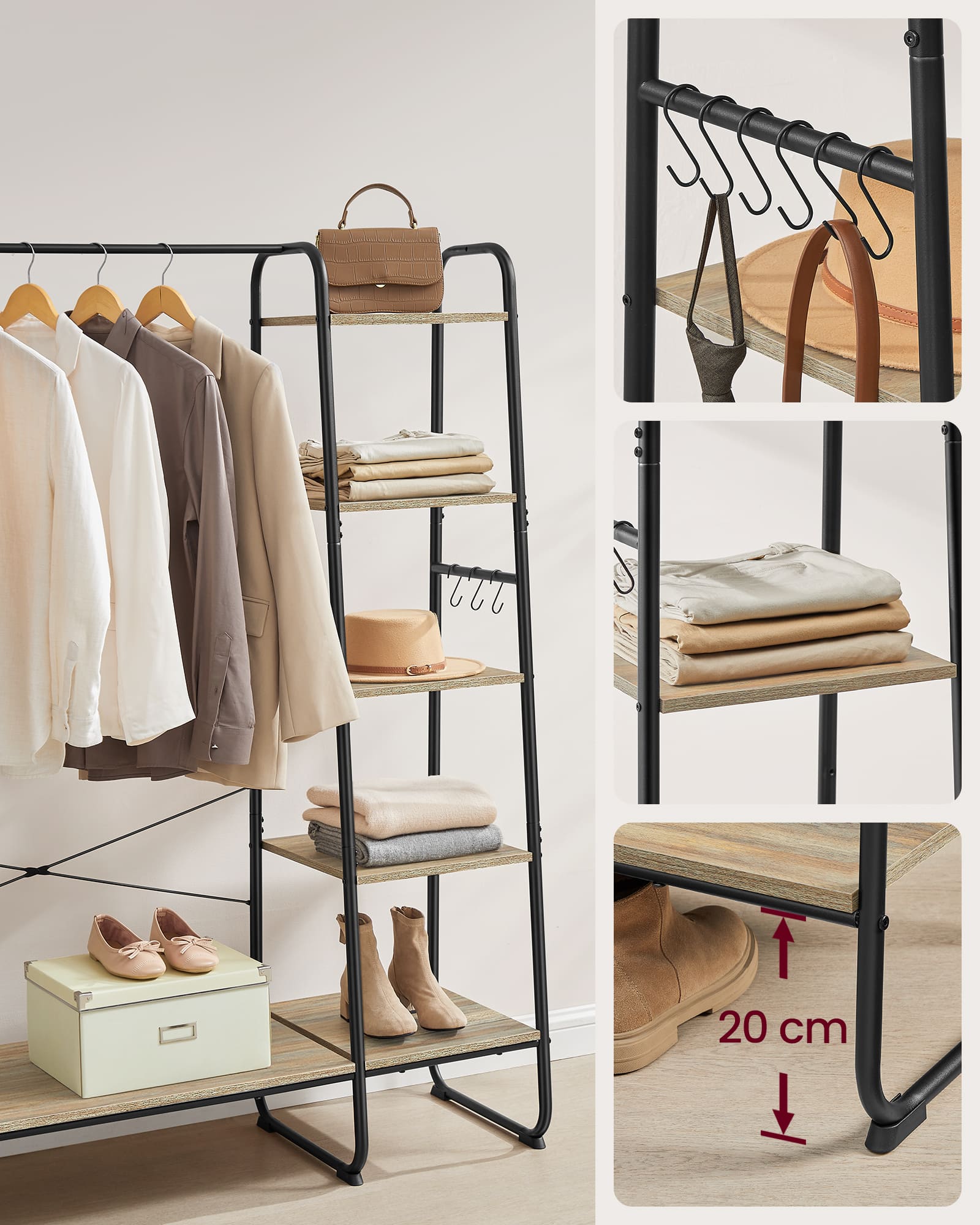 Porte-manteau sur Pieds avec 5 Étagèress de Rangement, 6 Crochets, pour Chambre, Salon, Couloir, Style Industriel, Marron Turquoise et Noir Mat - 3