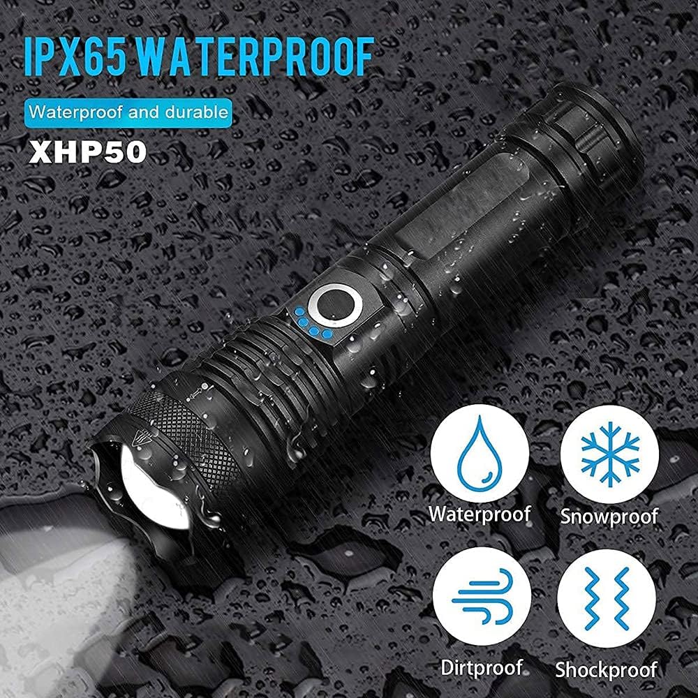 Torcia LED ricaricabile tramite USB ad alte prestazioni, torcia tattica ultra luminosa, torcia impermeabile con messa a fuoco regolabile a 5 modalità - 4