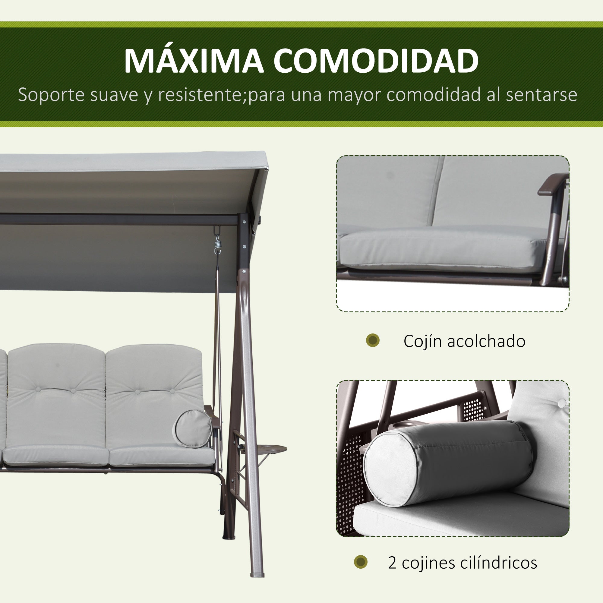 Baloiço de Jardim Outsunny Cinzento Metal e Poliéster 206x116x183cm - 6