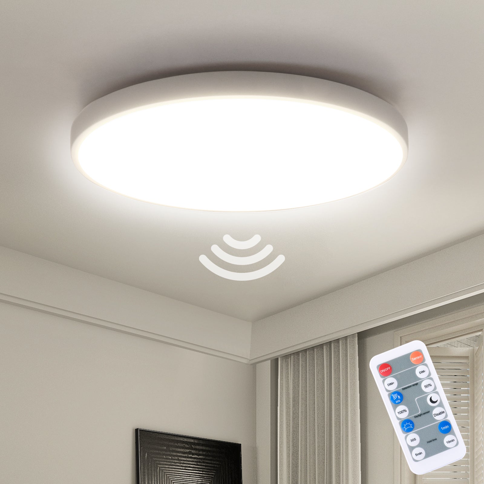 LOVHAUS Sufitowe LED 24W z Czujnikiem Ruchu, 2400LM, Oświetlenie Sufitowe z Pilotem IP54 4000K do Korytarza/Piwnicy, Ø30cm