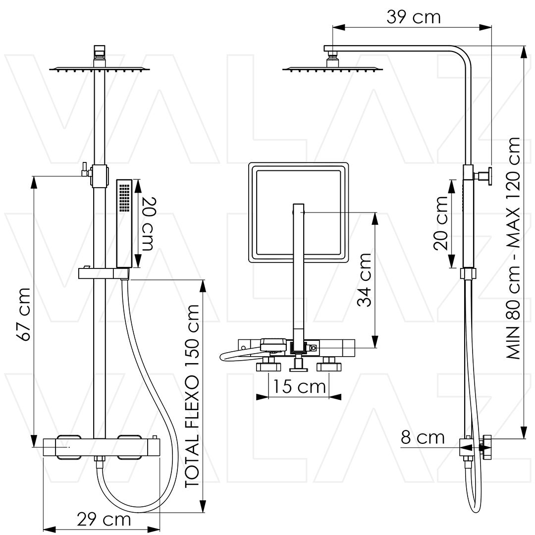 Valaz Barre de douche thermostatique carrée réglable jusqu'à 120 cm chromée - Série Segura - 20 cm - 2