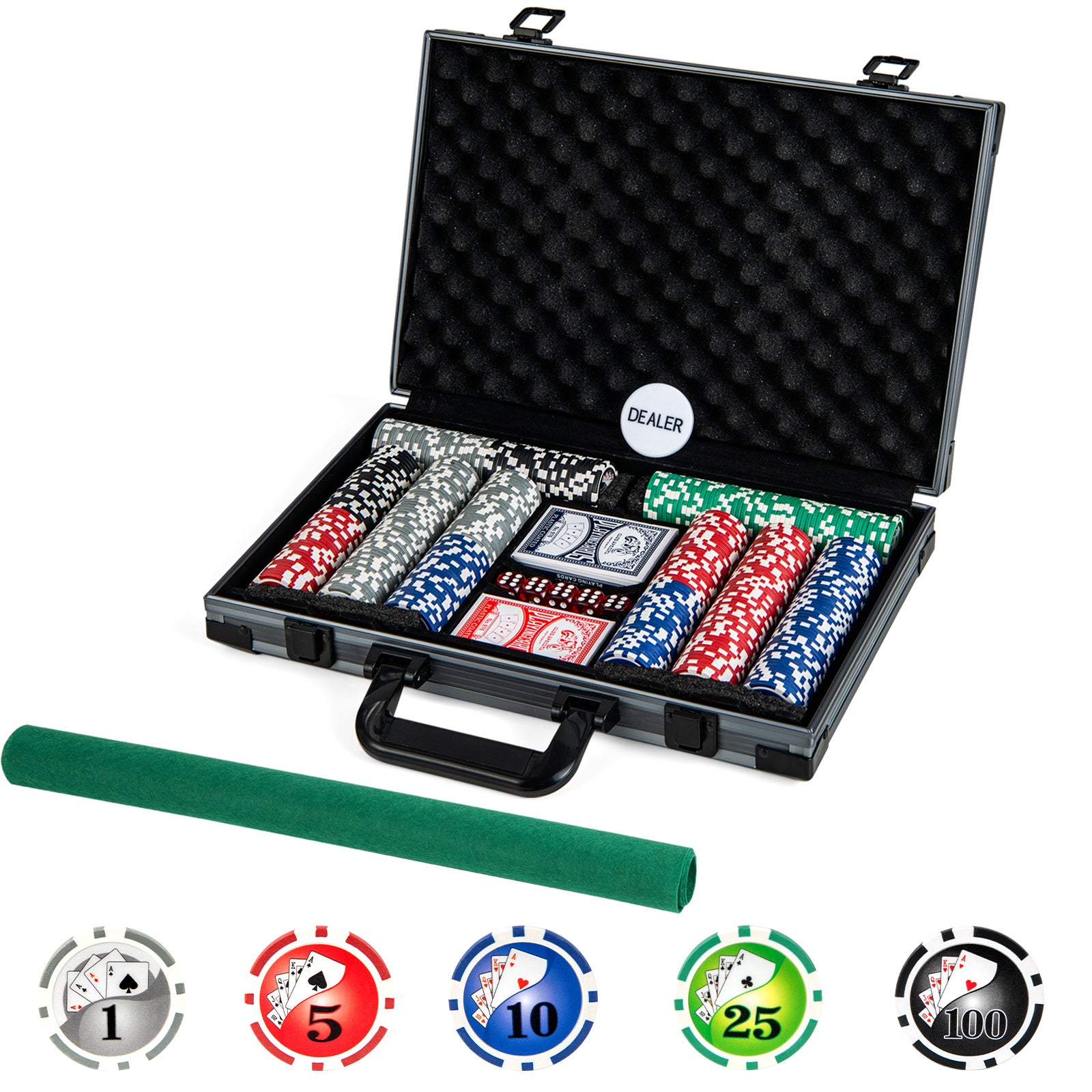 300 Szt. Walizka do Pokera z Aluminium, 2 Talie Kart, Filcowy Dywanik, Żetony Kasynowe z Numerami i Nominałami do Gry w Texas Hold'em
