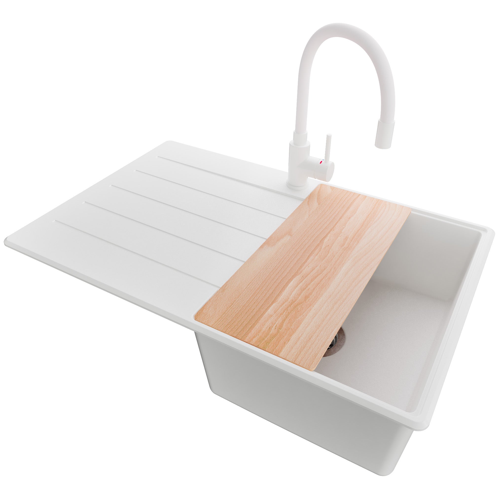 Zlewozmywak Granitowy Biały 78x50cm, Zlew Kuchenny 1 Komorowy + Bateria 38x14cm + Syfon + Deska, Nablatowy do szafki od 45cm - Kopenhaga PRIMAGRAN