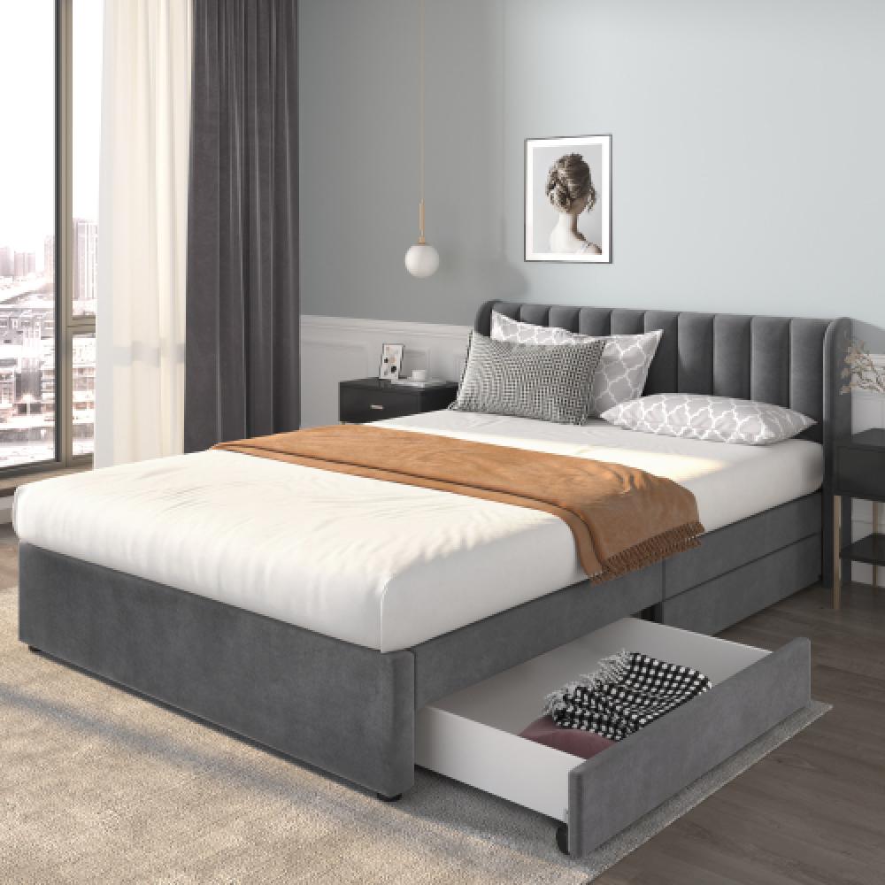 Łóżko welurowe 160x200 cm z podstawą z listew, 2 szufladami i eleganckim zagłówkiem