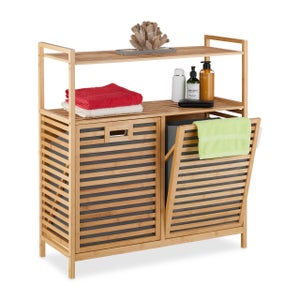 YOUDENOVA Panier à Linge Bambou Avec 2 Étages Et 2 Sacs - Rangement Salle De Bain Ou Buanderie - Ivoire
