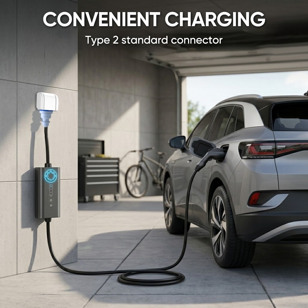 Carregador portátil para veículos elétricos JUNSUN 7kW – 32A monofásico, cabo 8m Tipo 2, IP67, corrente ajustável 6-32A, carregamento programável - 3