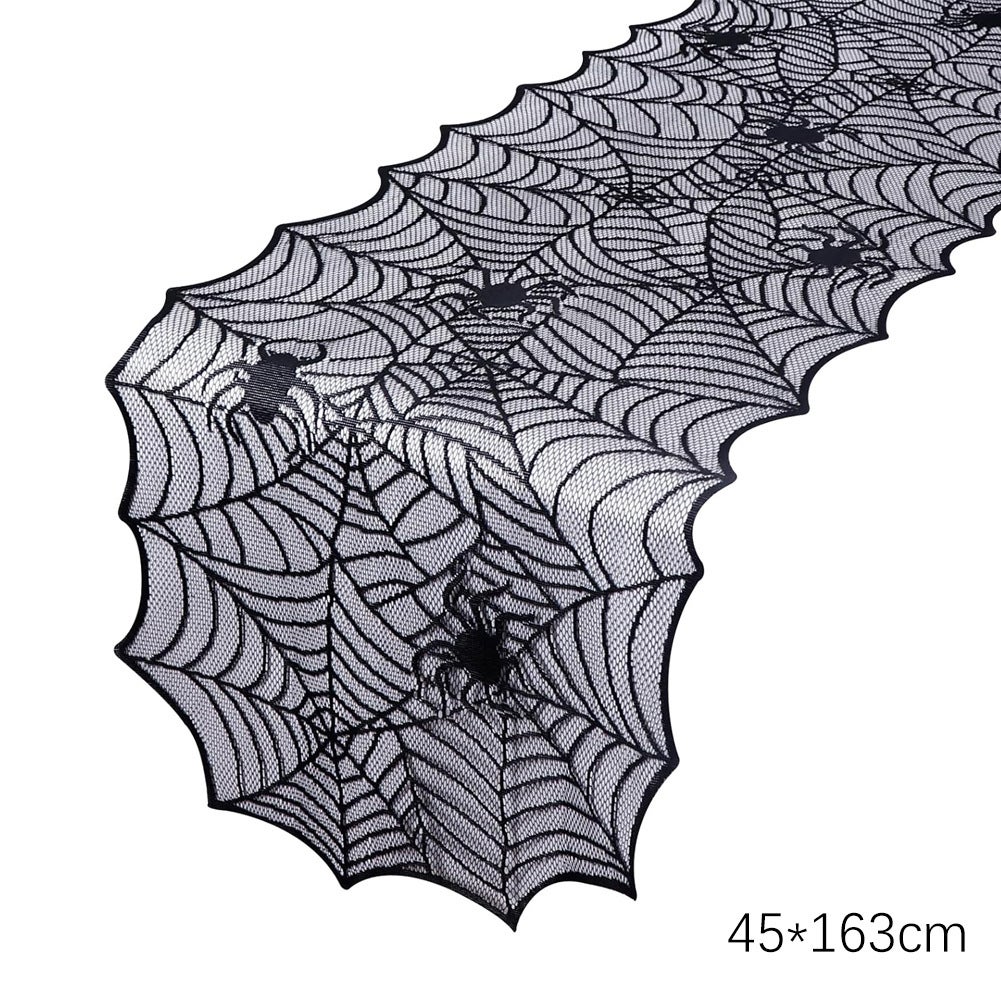 Bieżnik na stół z motywem pajęczyny na Halloween, obrus z czarnej koronki z motywem pajęczyny na Halloween, 45 x 163 cm, obrus z motywem pajęczyny na