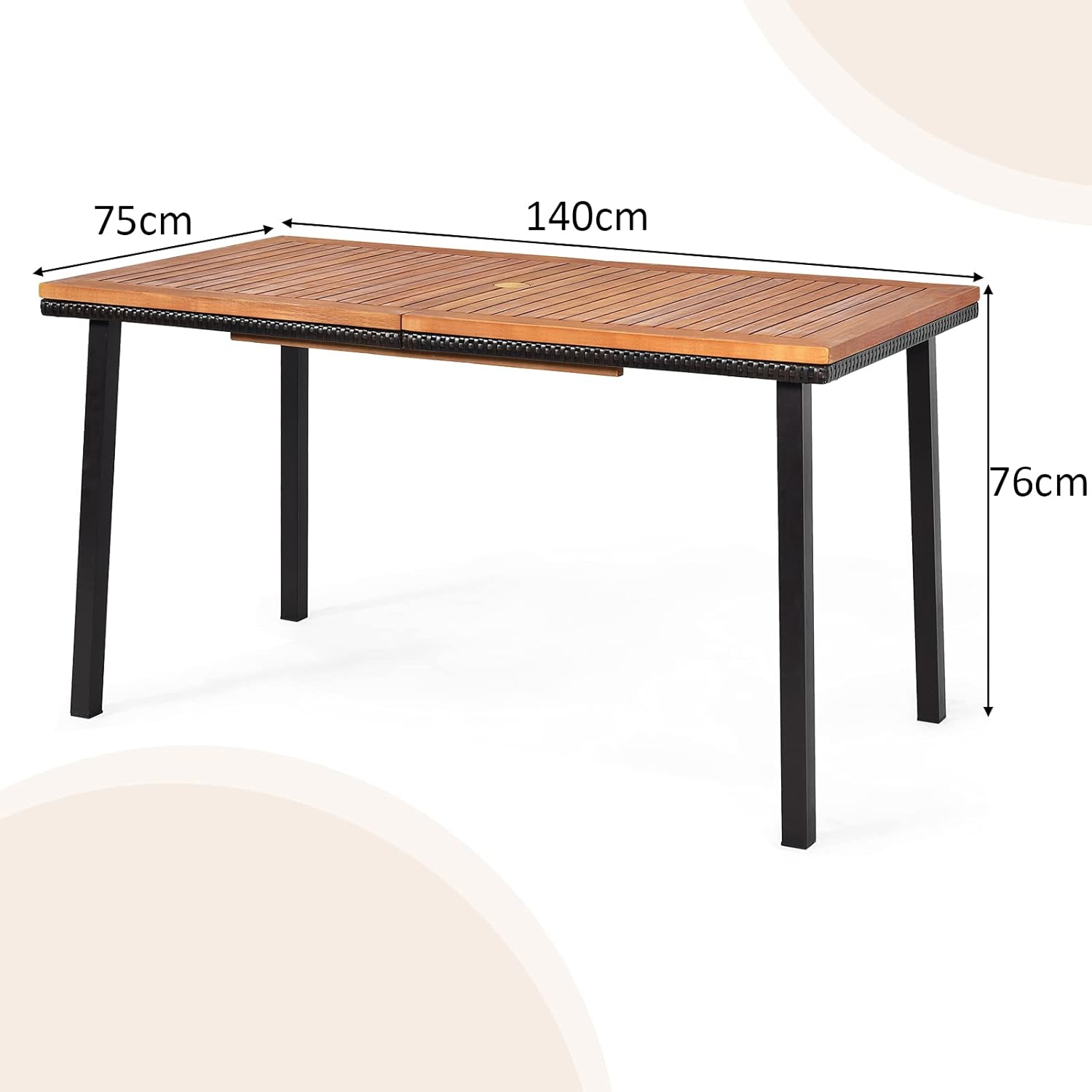 Table à Manger Extérieur en Bois d'Acacia Certifié FSC pour 6 Personnes, Table 140x75 cm avec Trou pour Parasol 5 cm,Pied en Métal - 2