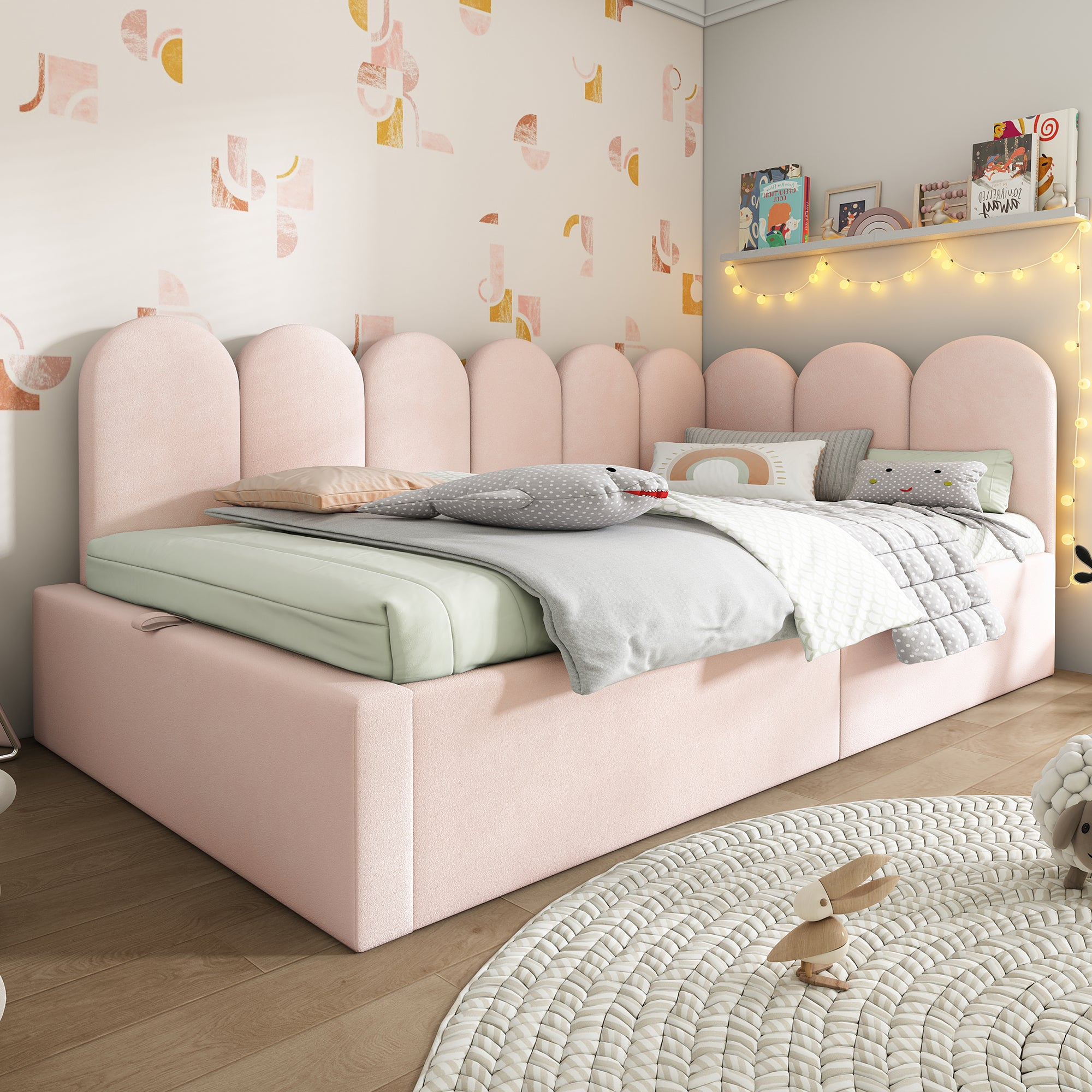 Łóżko ze schowkiem 90 x 190 cm z wezgłowiem i oparciem, sofa rozkładana - Aksamit - Stelaż metalowy - Różowy (bez materaca) - 5