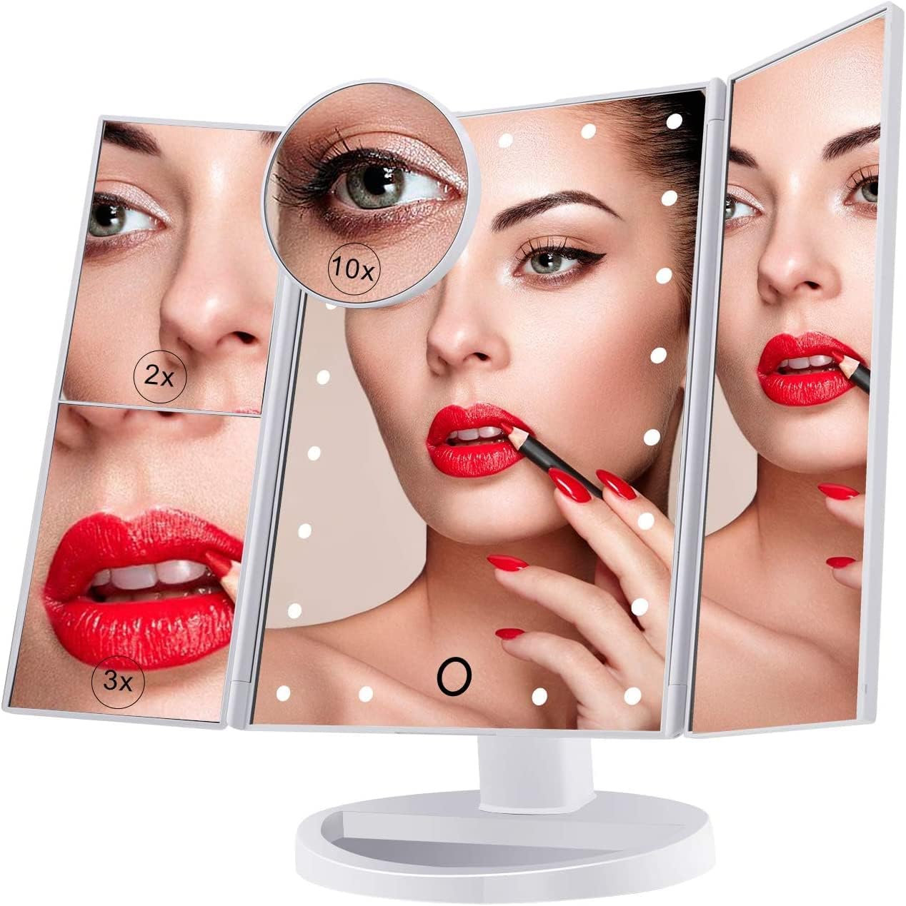 Potrójnie powiększające lustro do makijażu z 22 diodami LED, podświetlane lustro 10x / 3x / 2x z ekranem dotykowym, podwójne zasilanie, obrotowe o 180
