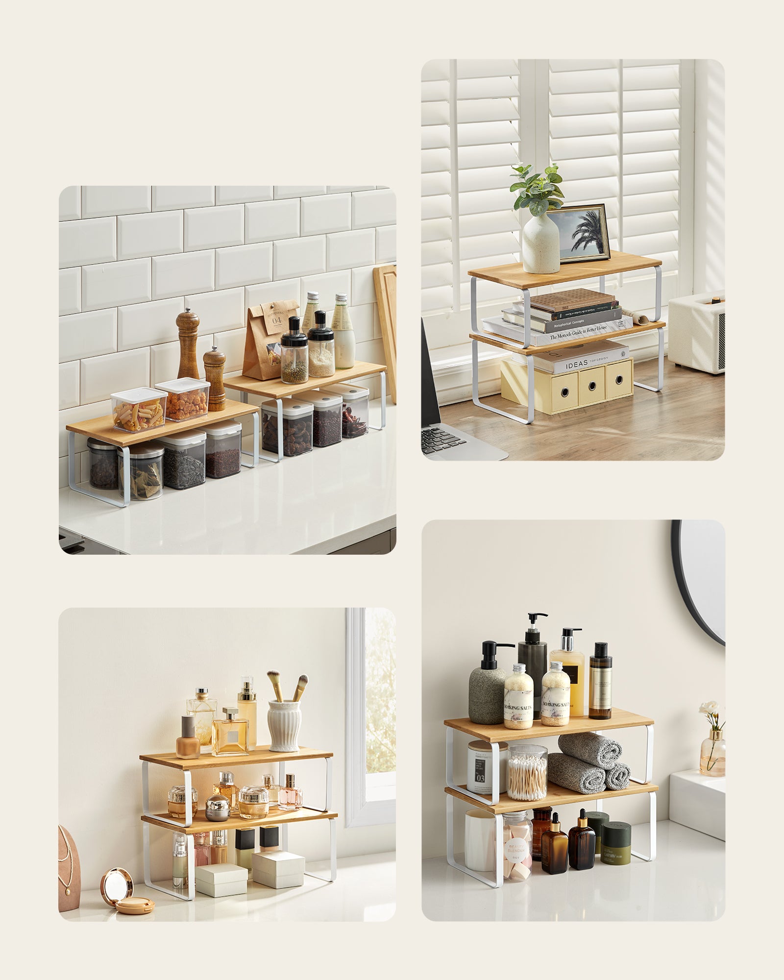 Organizadores de Cocina, Juego de 4 Estantes Apilables y Expandibles, Metal y Madera, Blanco y Beige - 5
