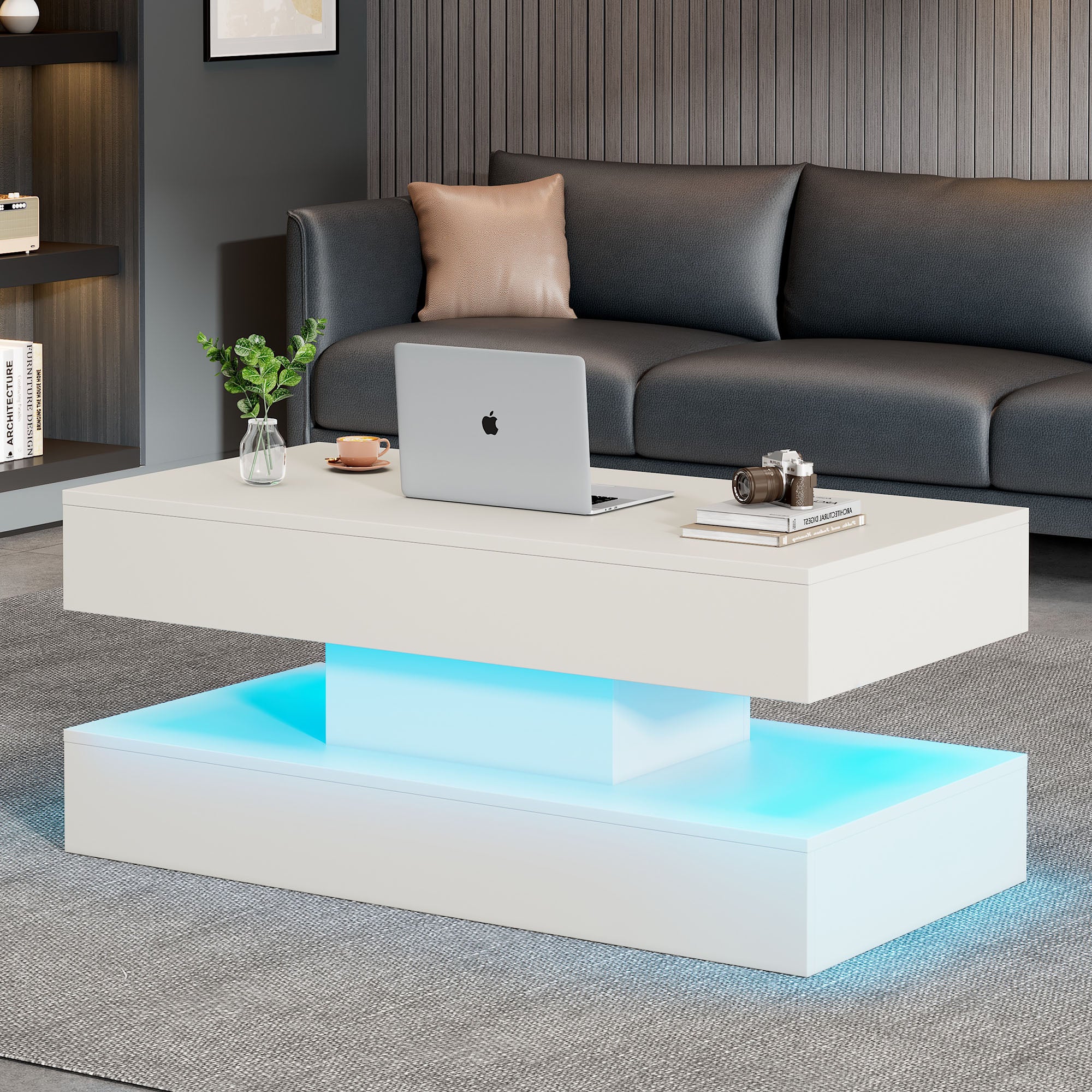 Podnoszony stolik kawowy z portami USB i ładowania - 100 x 50 x 42 cm - diody LED - płyta wiórowa - biały - 4