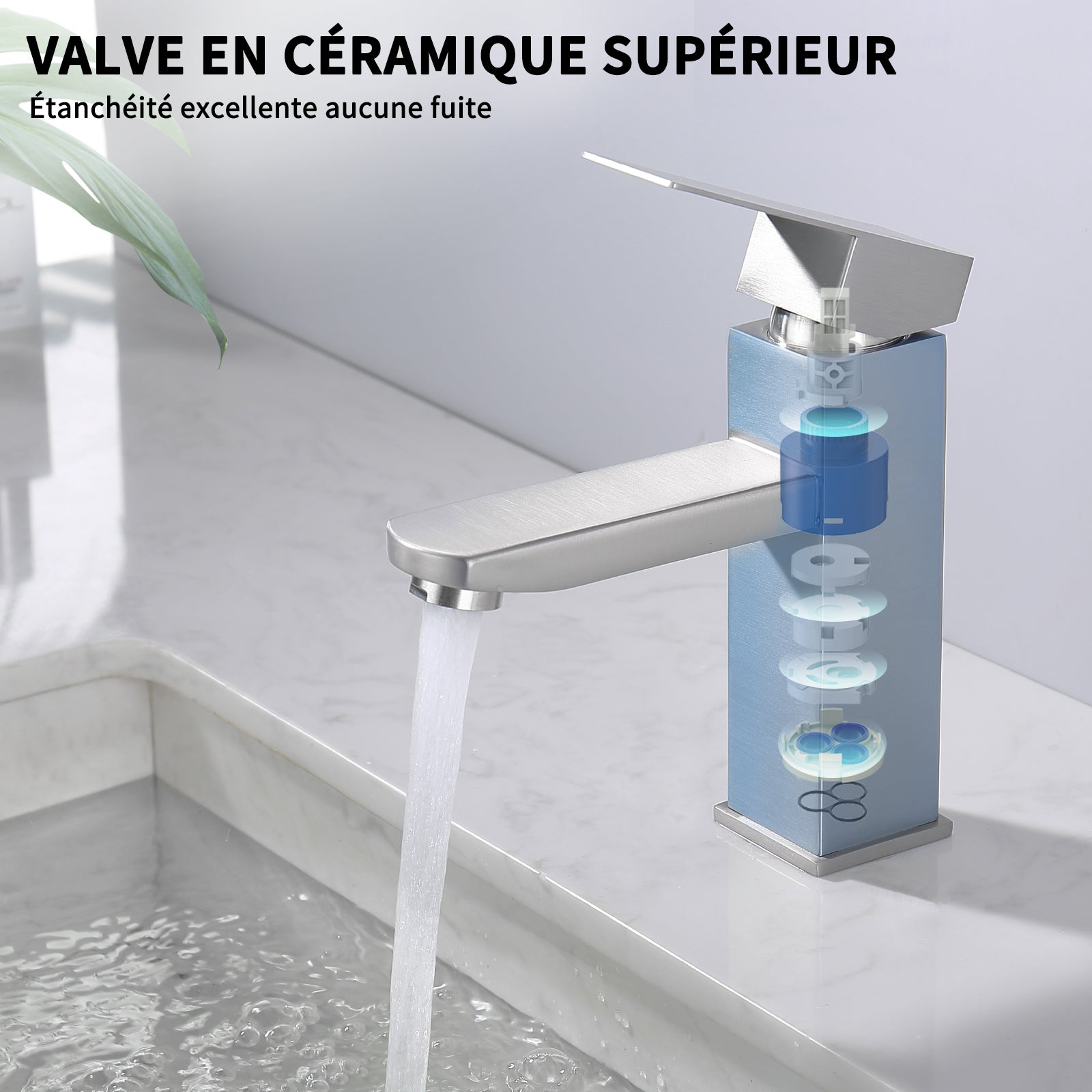 2x Robinet Salle de Bain Brossé Mitigeur Lavabo Gris Chaud & Froid Réglable, Robinet Lavabo avec Poignée Carré en Inox - 4