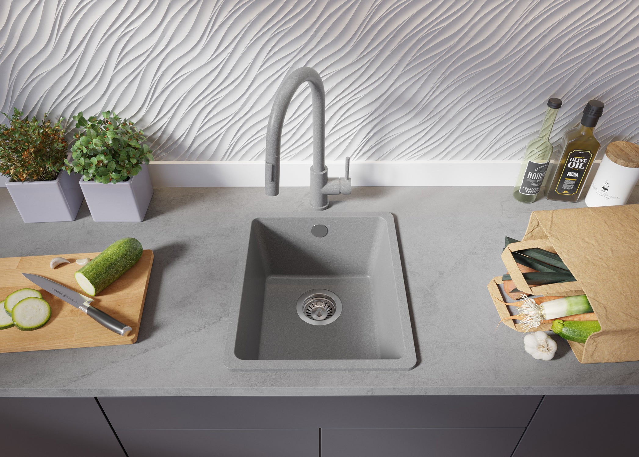 Lavello da Cucina Grigio 36x44cm, Lavandino in Granito a 1 vasca + Sifone Classico + Accessori, Lavabo da Cucina Incasso al mobile 40cm PRIMAGRAN - 2