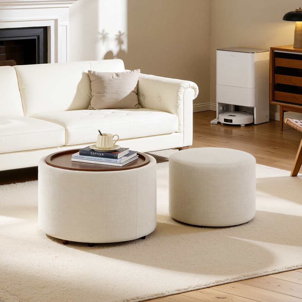 Pouf nido set 2 pezzi con contenitore, tavolino rotondo e panca multifunzionale 4-in-1, 58 cm, pronto all’uso - 7