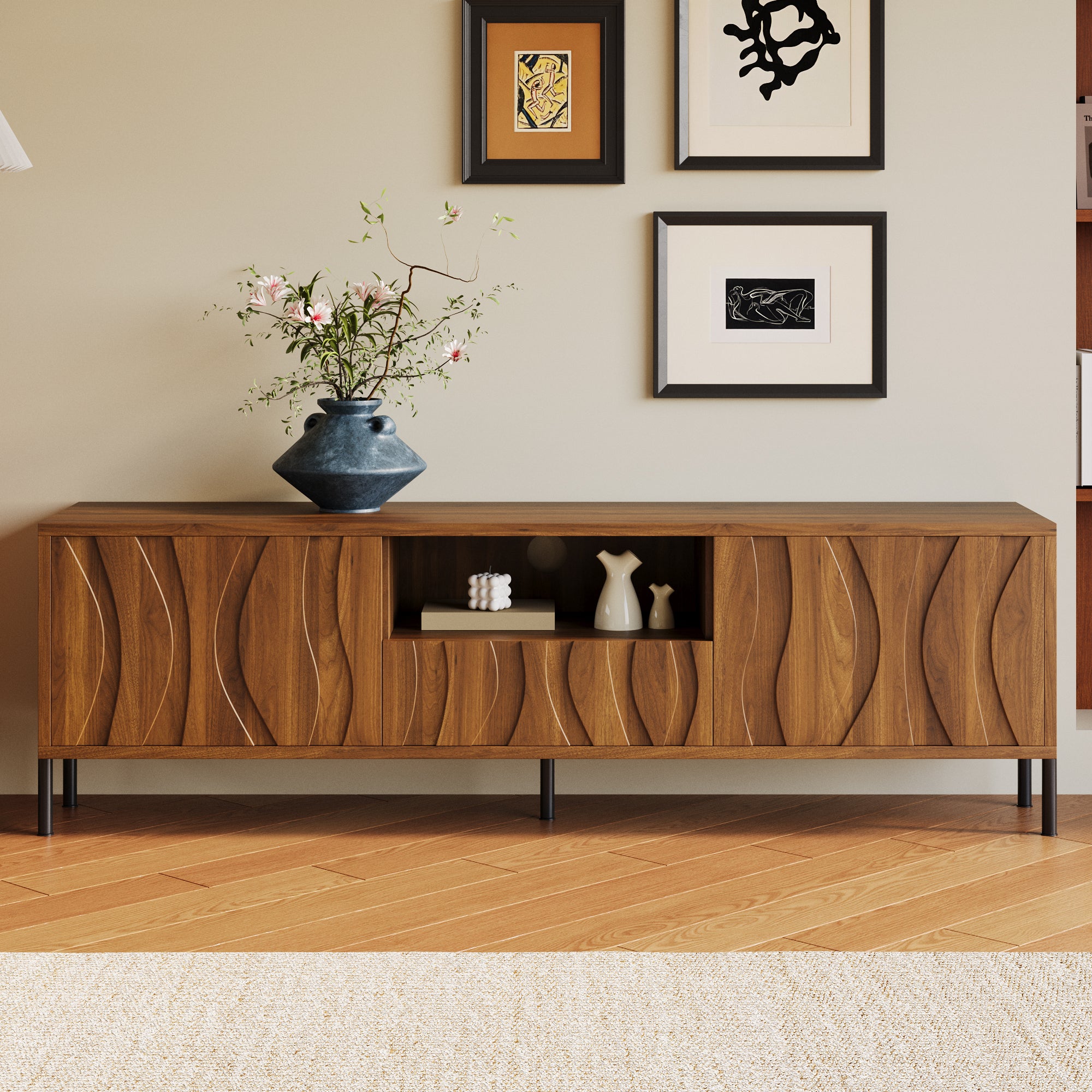 Meble pod TV 160x35x46cm - z 3 frontami - z otwartą przestrzenią do przechowywania - Nogi żelazne - MDF - Kolor naturalny