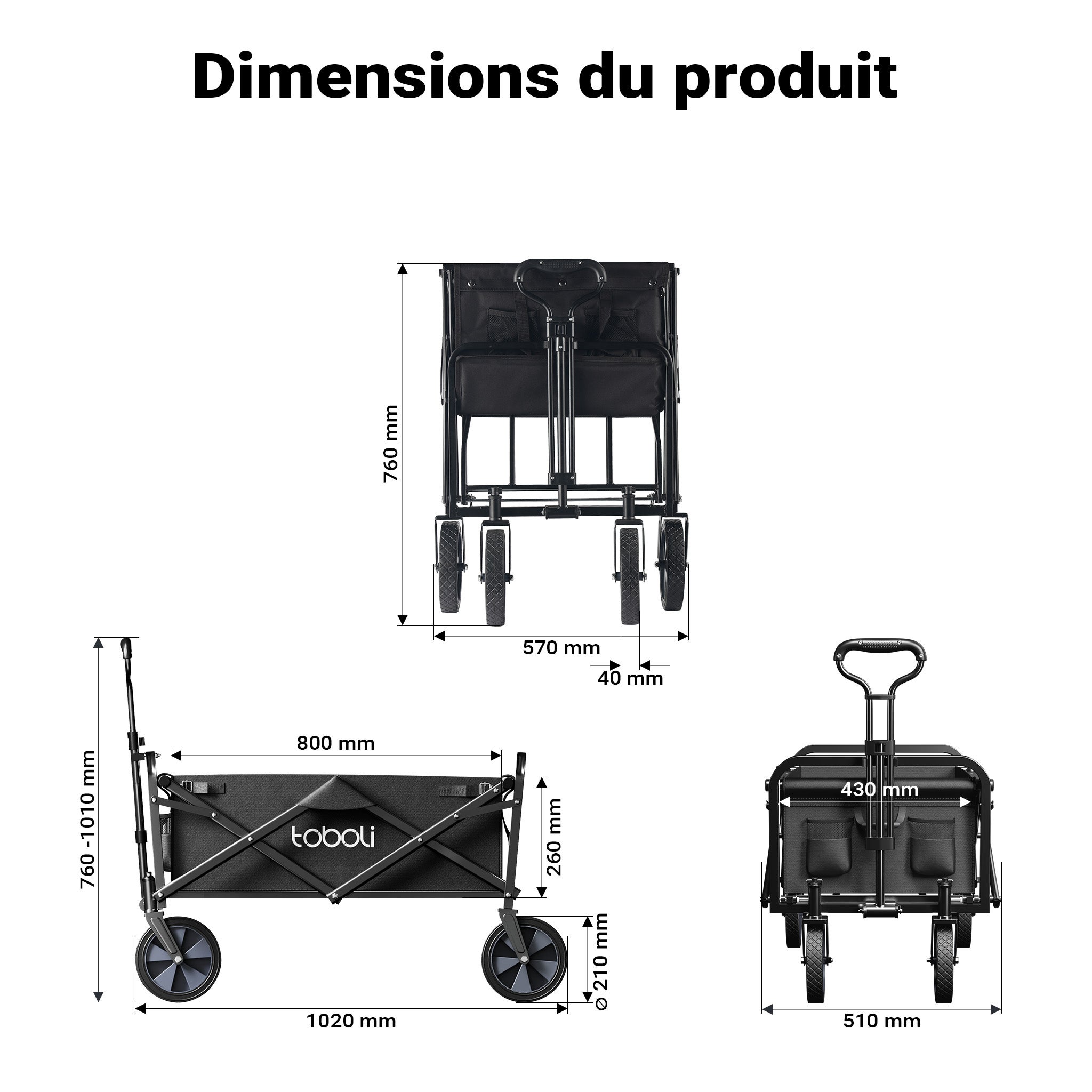 Chariot de transport Enfant Noir Pliable 100 kg avec Roulettes 1020x505x1010 mm Poignée Télescopique Transport Outils Tout-terrain Plage… Toboli - 3