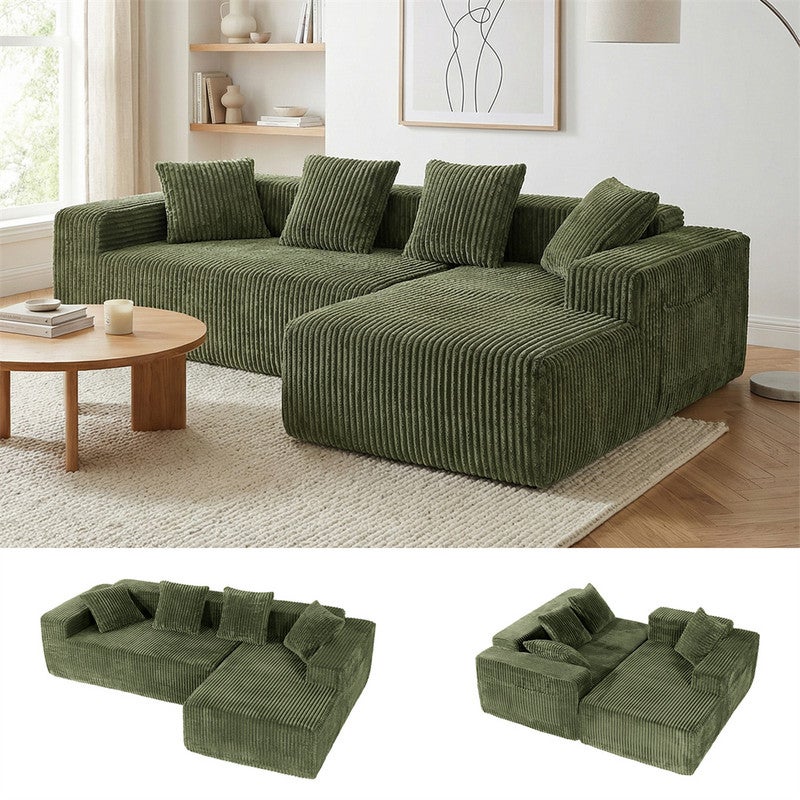 DRIPEX Canapé d'angle droit en velours côtelé avec 4 coussins,Canapé Modulable 4 places avec méridienne en L,261×156×80cm,Vert - 2