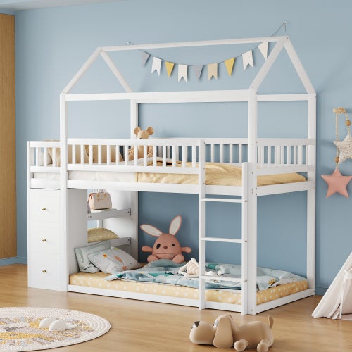 Lit Superposé Enfant Avec Rangement - Lit Haut 90x200 Cm, Lit Bas 140x200 Cm - Métal Et MDF Blanc - Avec échelle, Barrières, Armoire à Chaussures