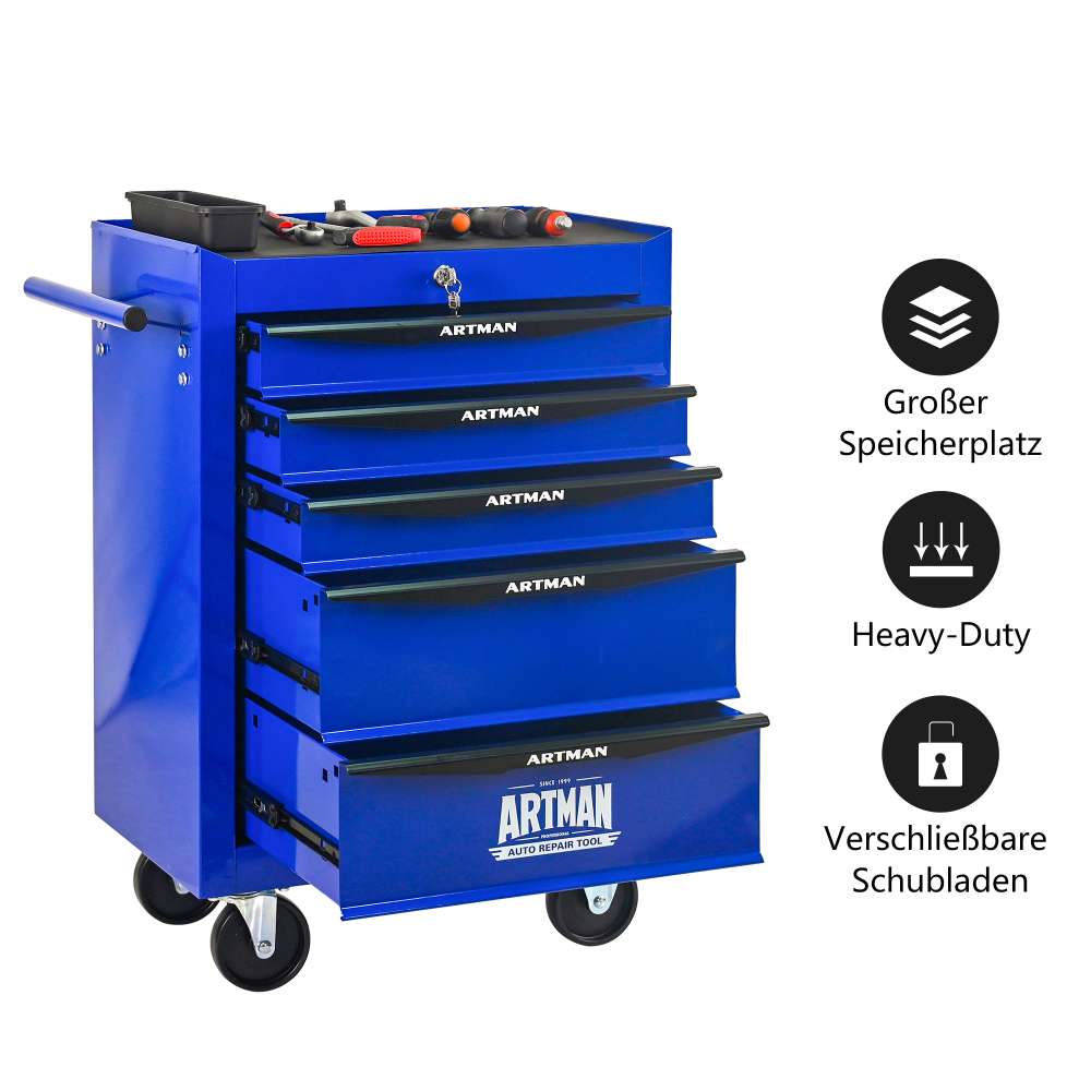 Caisse à outils roulante 5 tiroirs, glissières à billes, coffre en acier, organiseur, noir et bleu. - 2