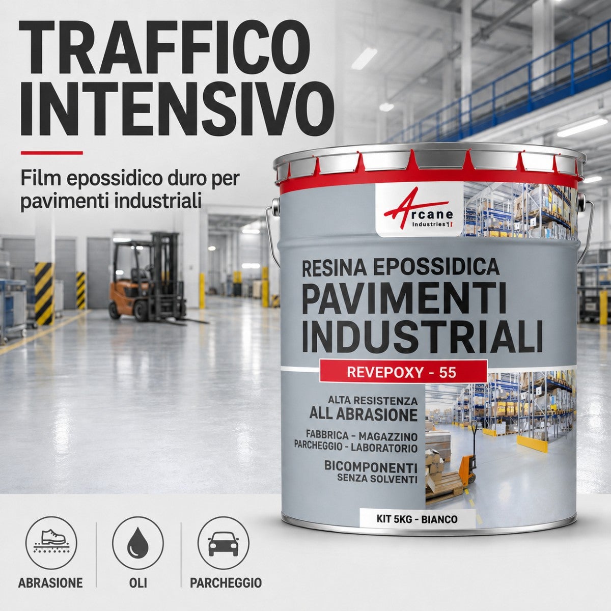 VERNICE EPOSSIDICA PER TRAFFICO INTENSO - REVEPOXY - 55 - 5 Kg (fino a 10 m² in 2 strati) Rosso segnaletico - RAL 3020 - ARCANE INDUSTRIES - 3