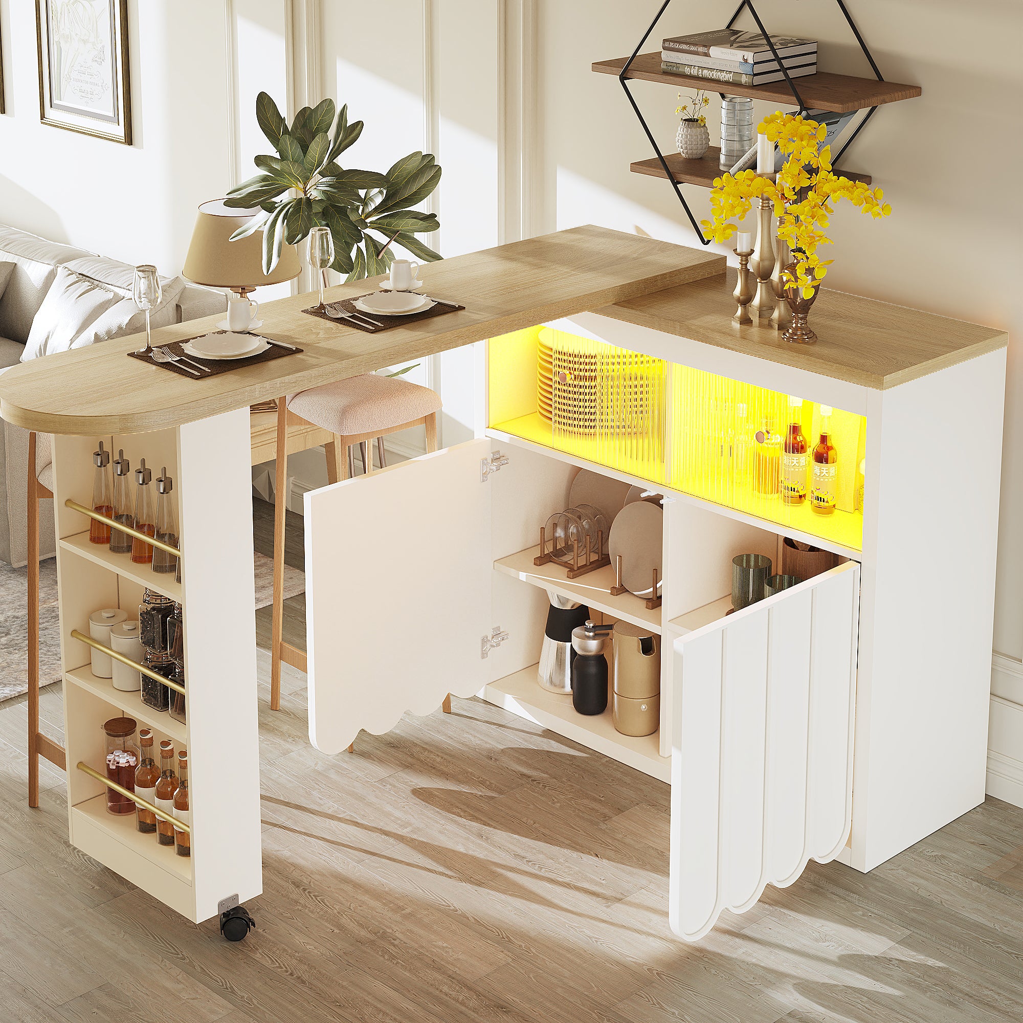 Table bar extensible 135-205×39×100 cm avec roulettes à frein ...