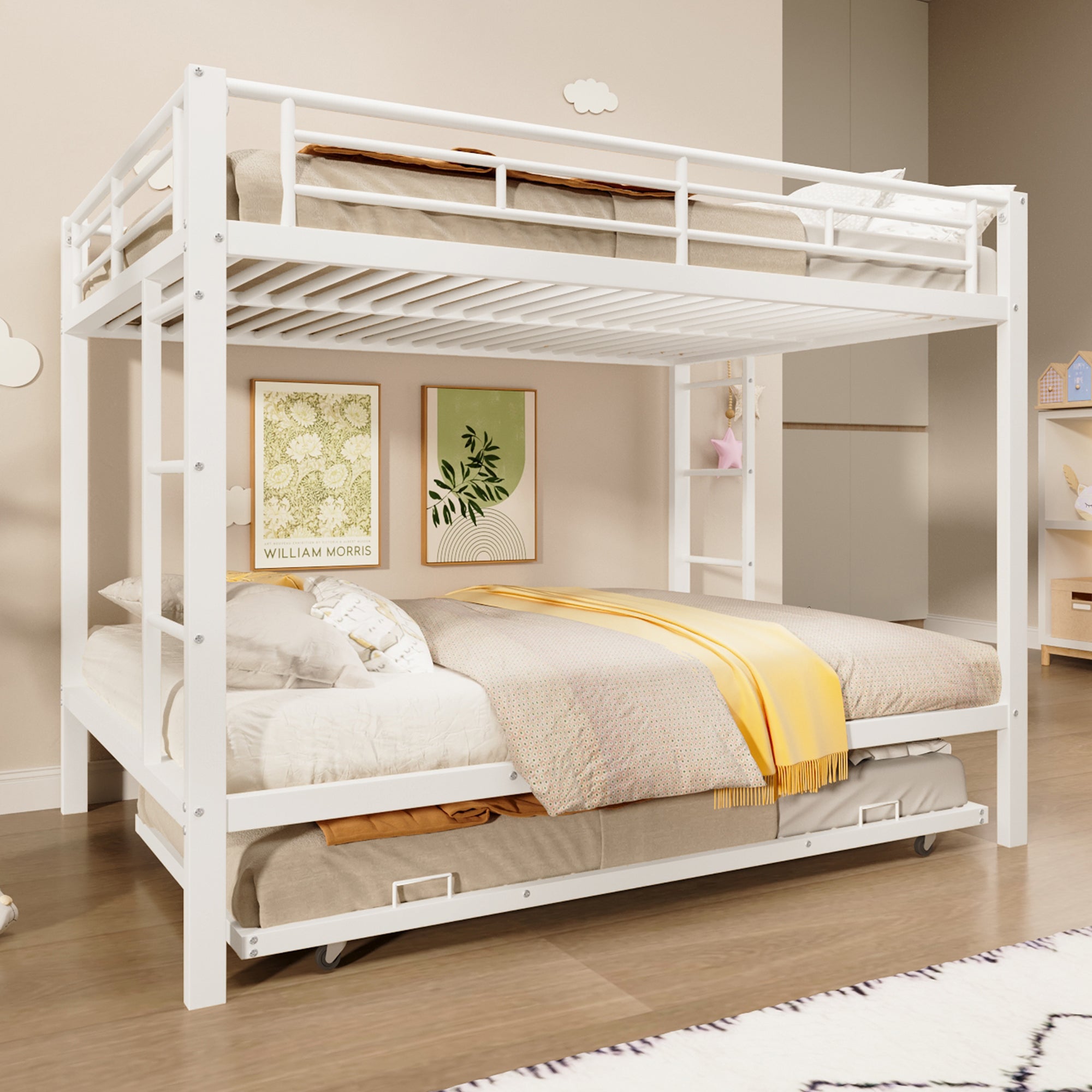 Lits superposés 2 x 140 x 200 cm avec lit gigogne 90 x 190 cm - Cadre en métal - Blanc (sans matelas) - 5
