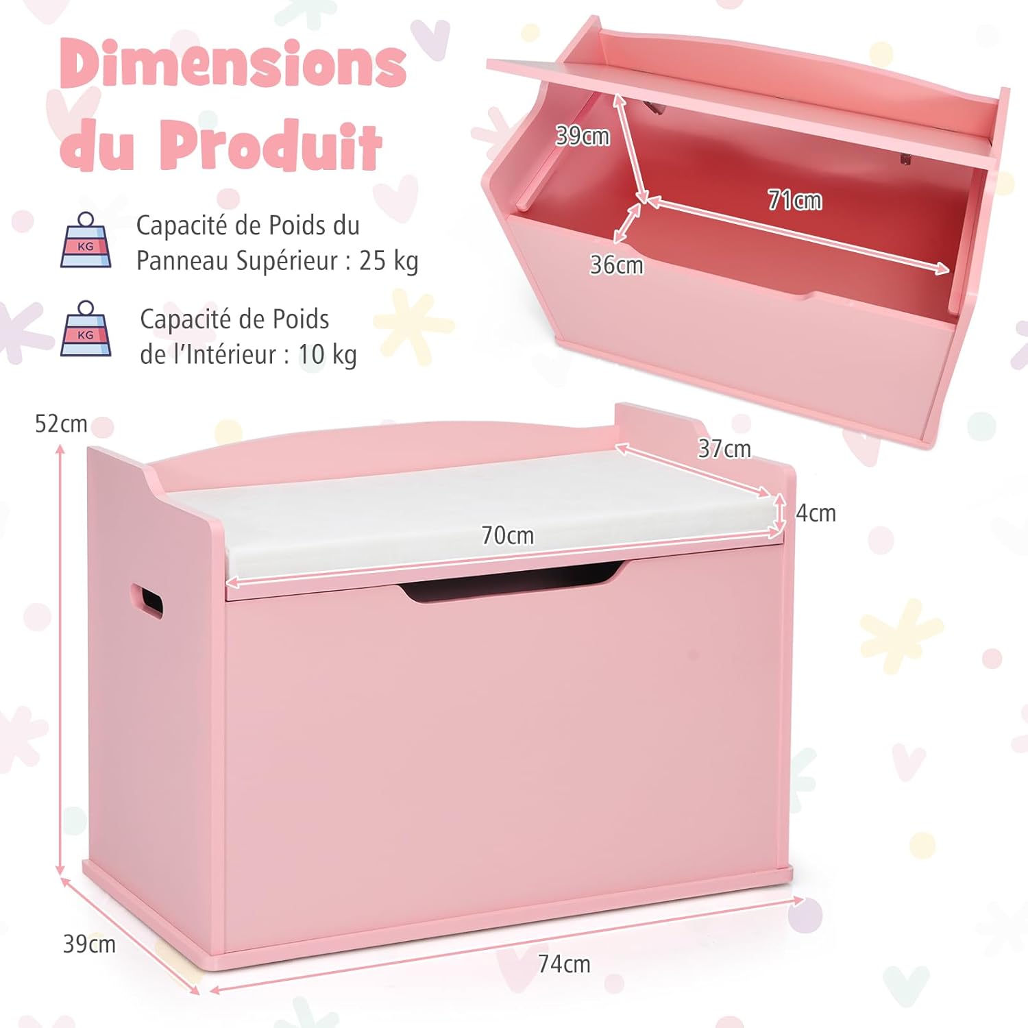 Coffre à jeu en Bois, 4 en 1 Coffre de Rangement avec Banc d'Assise, Couvercle Rabattable, Poignées Latérales, Banc de Rangement (Rose) - 6