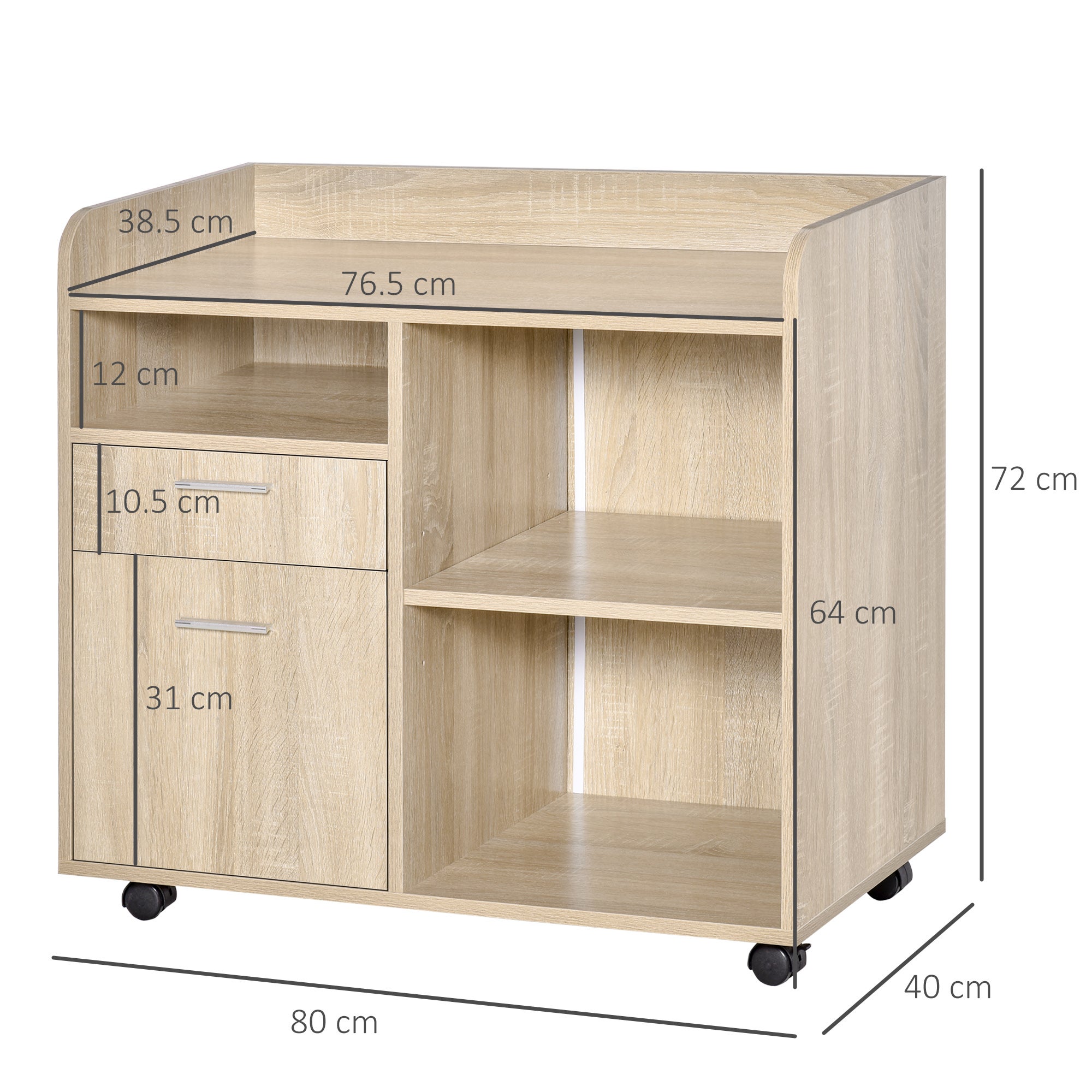 Vinsetto Mobile Porta Stampante, Mobile Ufficio, Mobiletto Basso, Mobile Multiuso Con 4 Ruote, Rovere, 80x40x72cm - 3