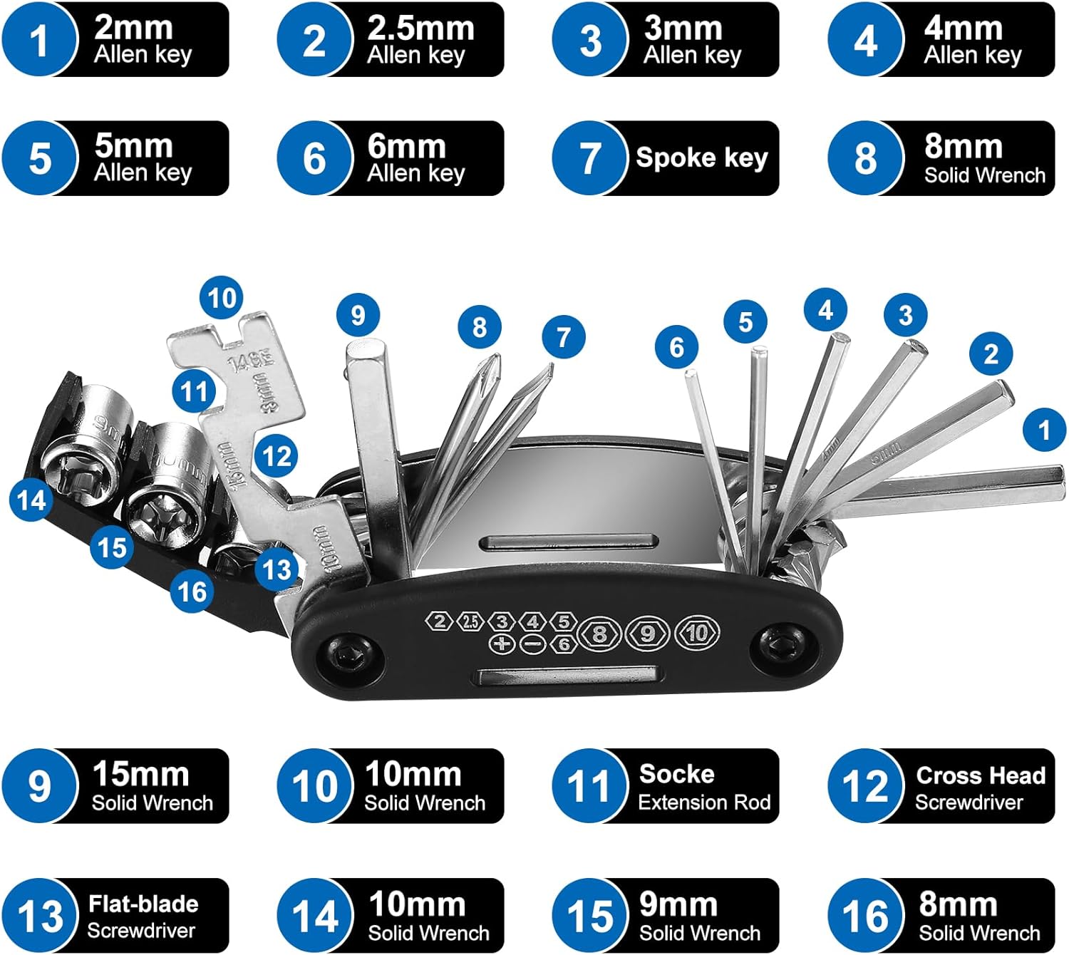 16 En 1 Kit Réparation Vélo Outil Multifonctions VTT - Compact Et Portable Pour Vélo Électrique