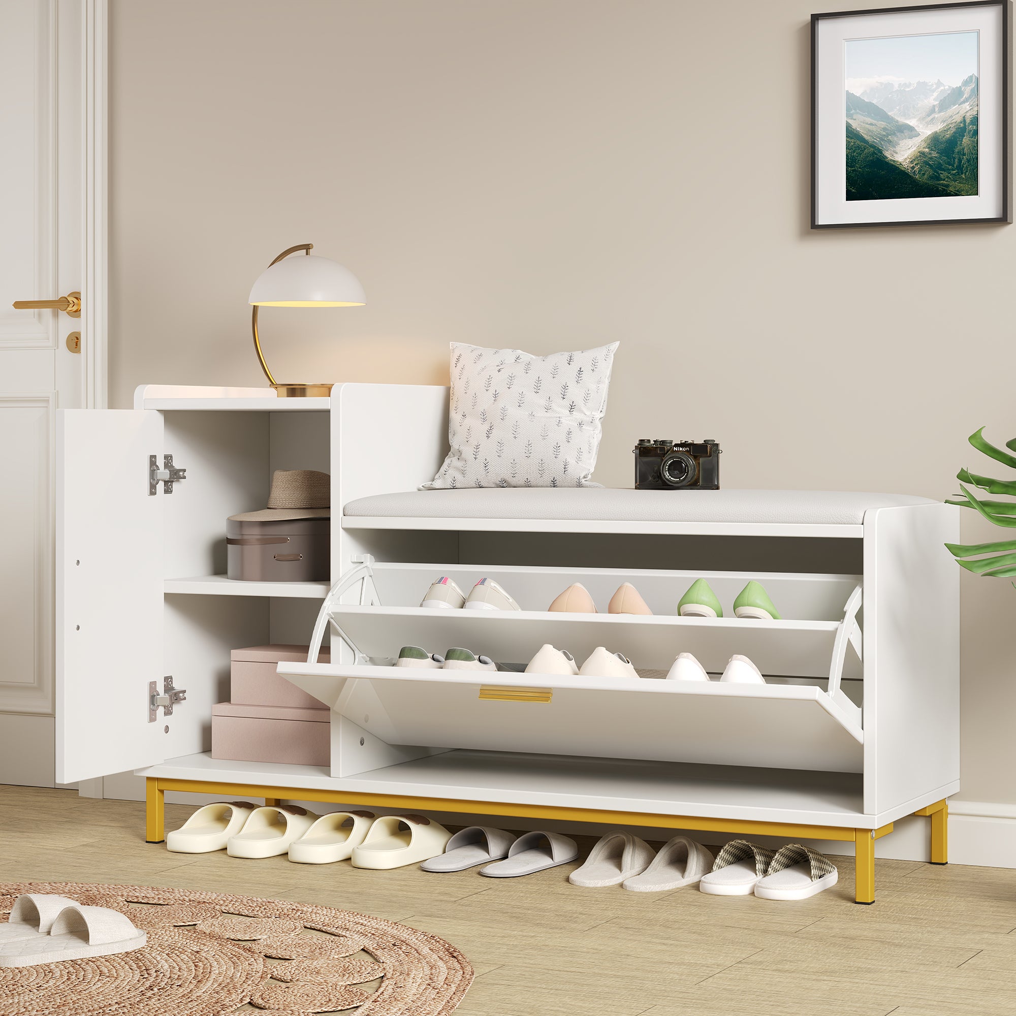 Banc à chaussures avec 2 portes - 100 x 38 x 68 cm - Panneau de particules et pièds en métal - Blanc - 3