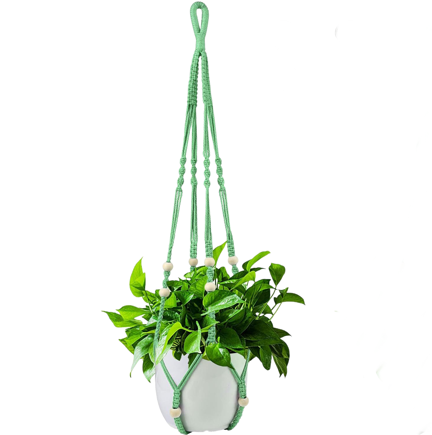 Wiszący kosz na rośliny doniczkowe, zielony bawełniany sznurek, długość 98 cm, ozdobiony drewnianymi koralikami, haczyk nie jest dołączony.