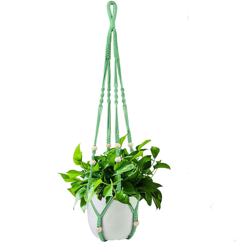 Wiszący kosz na rośliny doniczkowe, zielony bawełniany sznurek, długość 98 cm, ozdobiony drewnianymi koralikami, haczyk nie jest dołączony.
