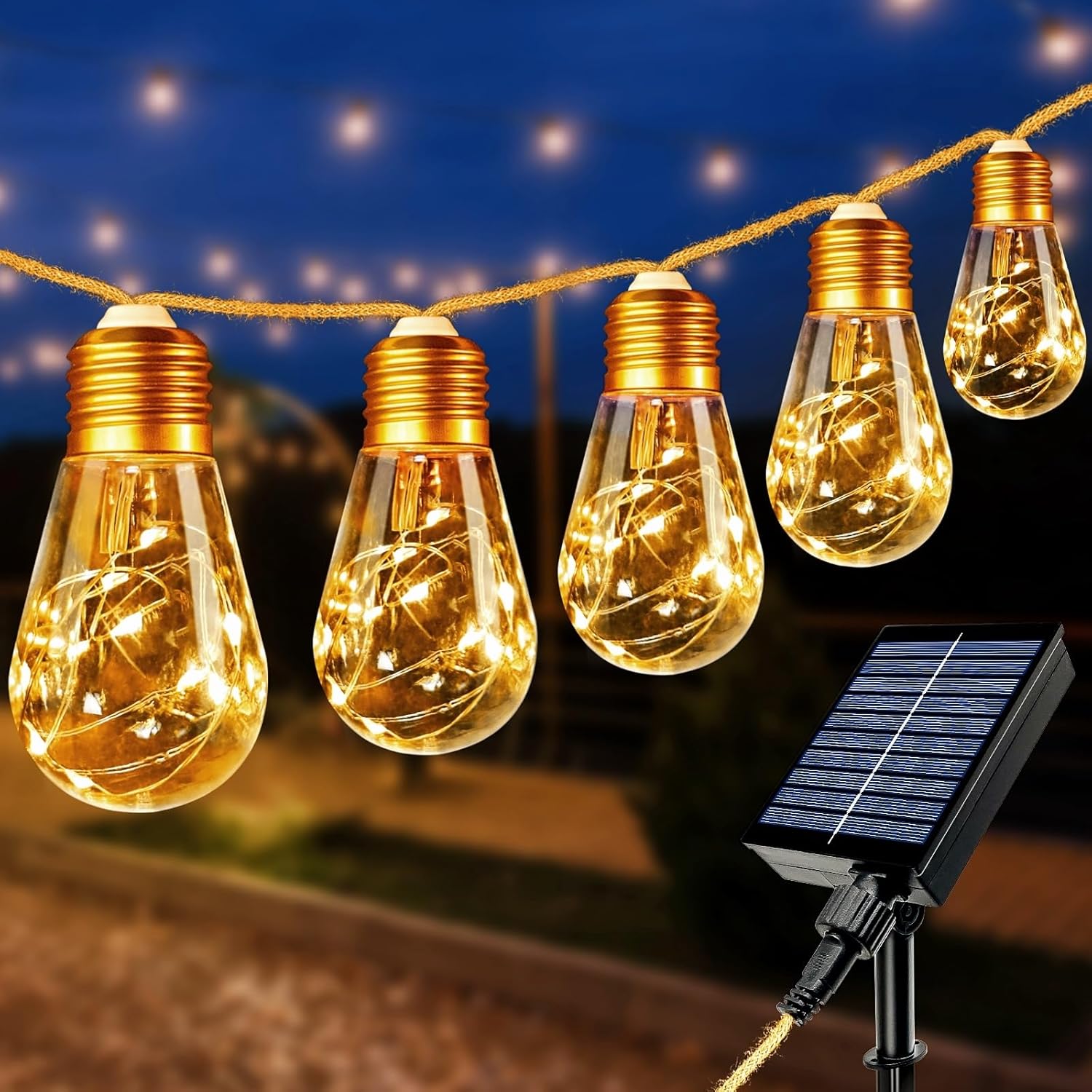 8-metrowe zewnętrzne lampki solarne, 16 żarówek, vintage'owe lampki solarne LED, wodoodporność IP65
