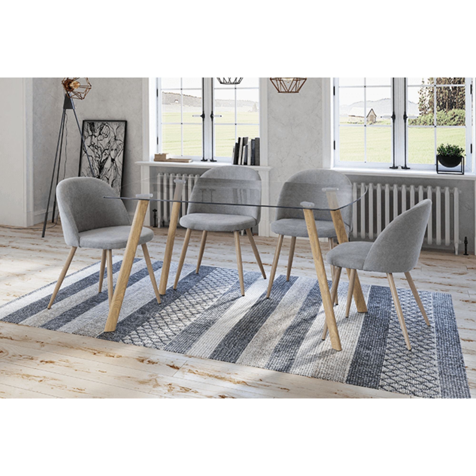 Nordycki stół jadalny | Projekt z przezroczystym blatem i dębowymi metalowymi nogami | Wymiary: 140 x 80 x 76 cm